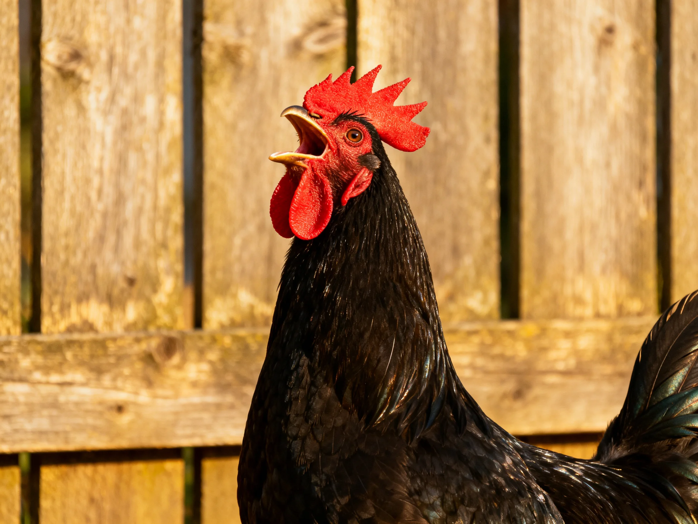 A black rooster with an open beak is positioned in front of a wooden fence.