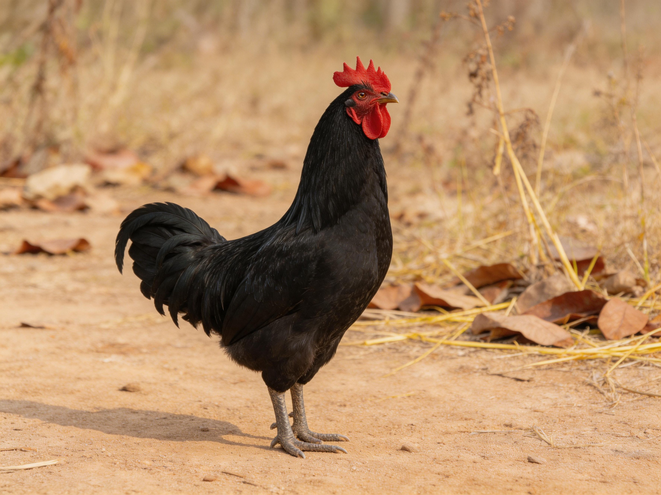A black rooster with bright red comb stands on a dusty path near dry foliage