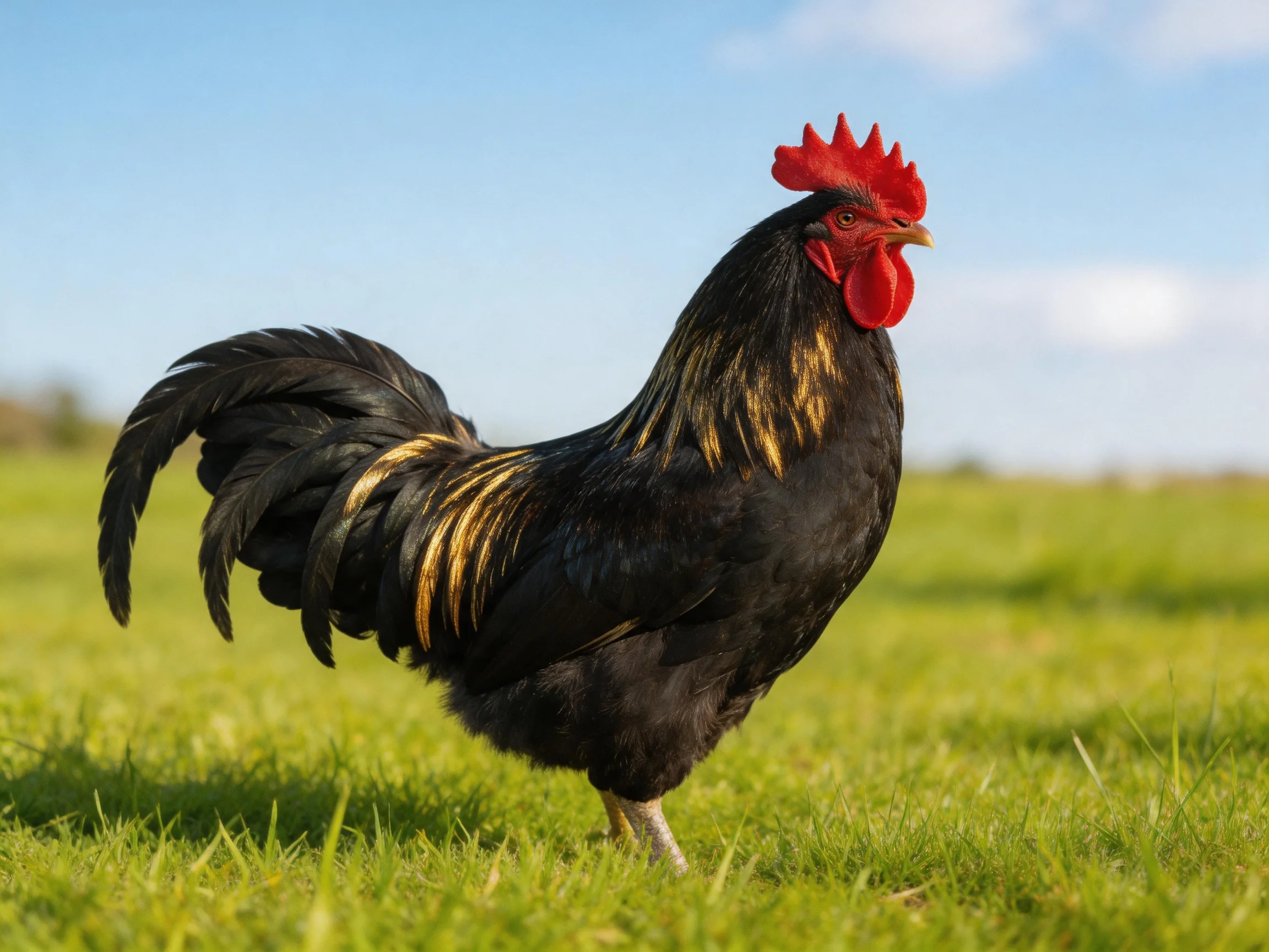 A black rooster with golden markings stands on lush green grass