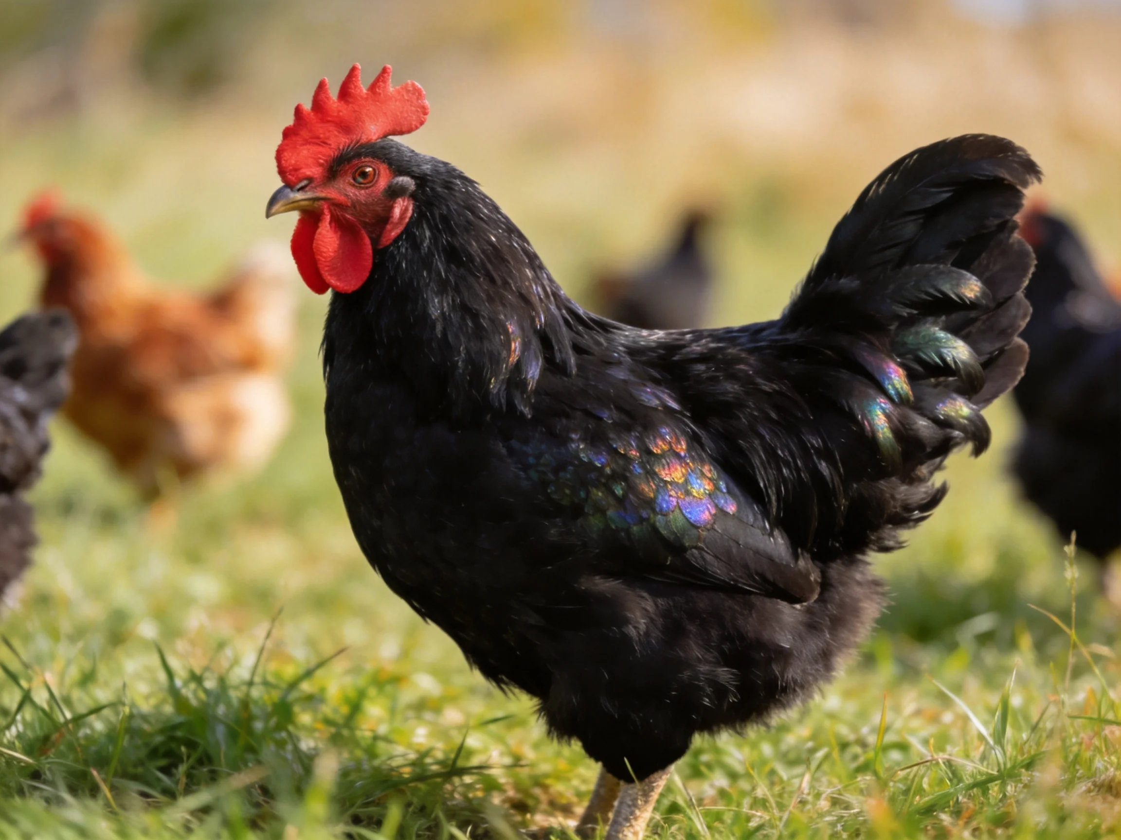 A black rooster with iridescent feathers stands among chickens on grassy terrain