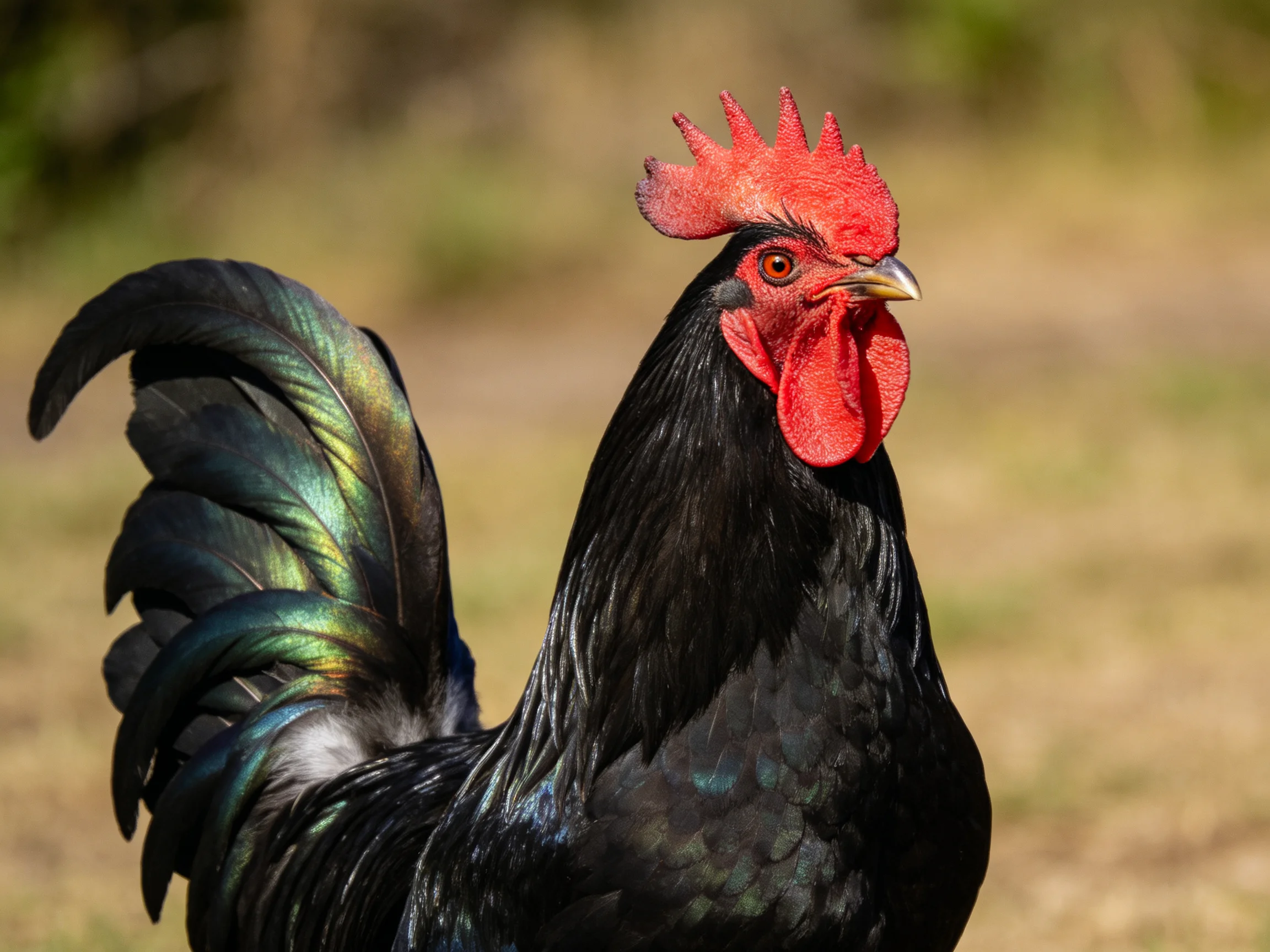 A black rooster with iridescent tail feathers and bright red comb