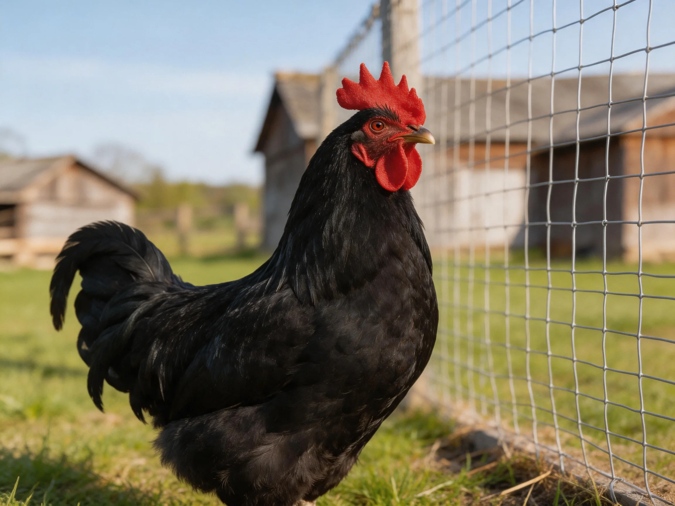 A black rooster with red comb near wire fence on sunny farm