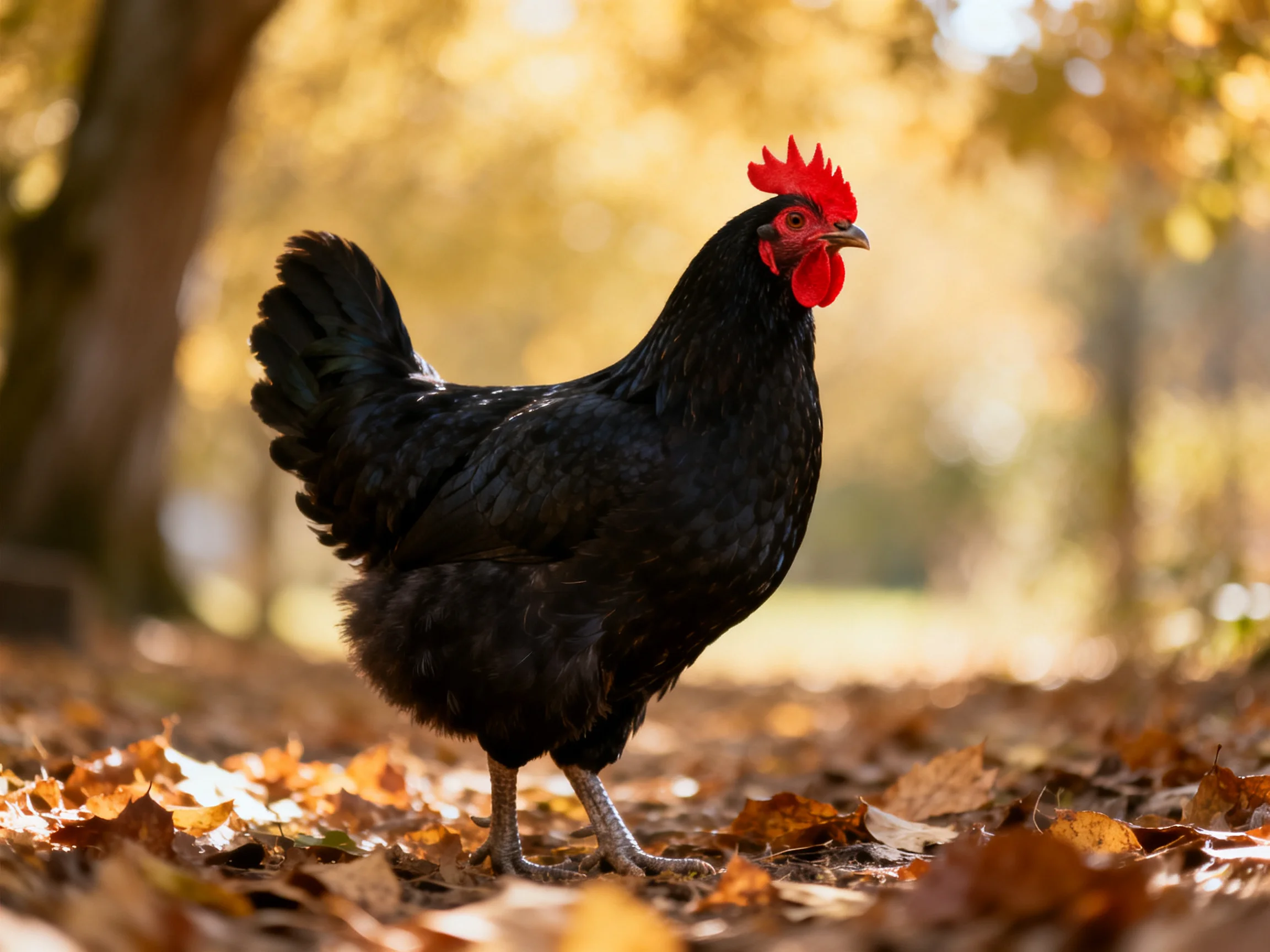 A black rooster with red comb standing on fallen autumn leaves