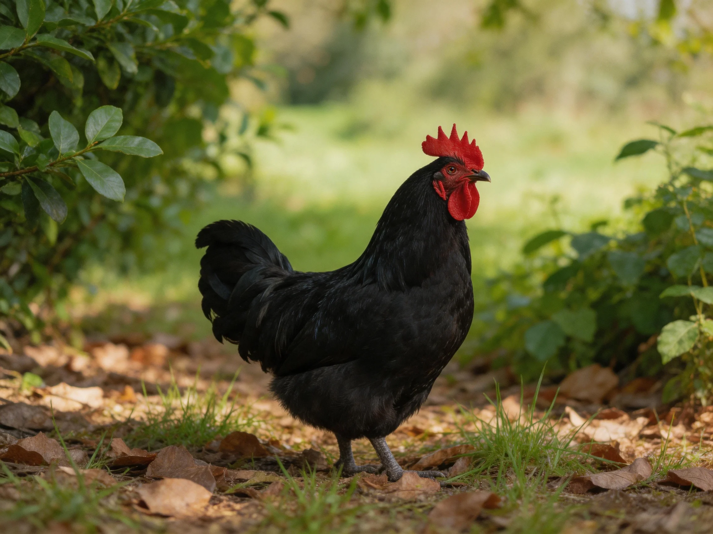 A black rooster with a red comb is in a natural outdoor setting with greenery and fallen leaves