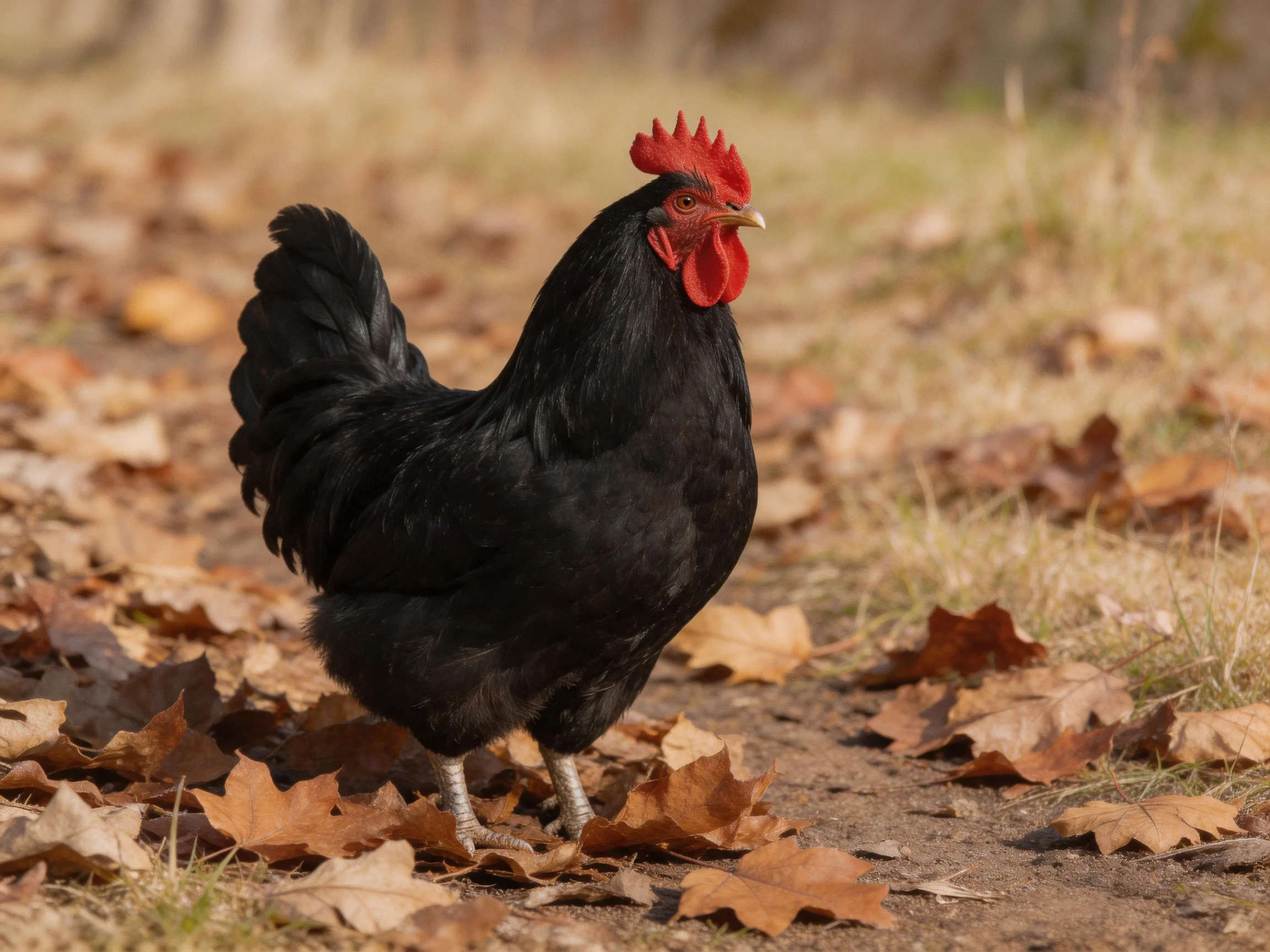 A black rooster with a red comb moves through a field of fallen autumn leaves.