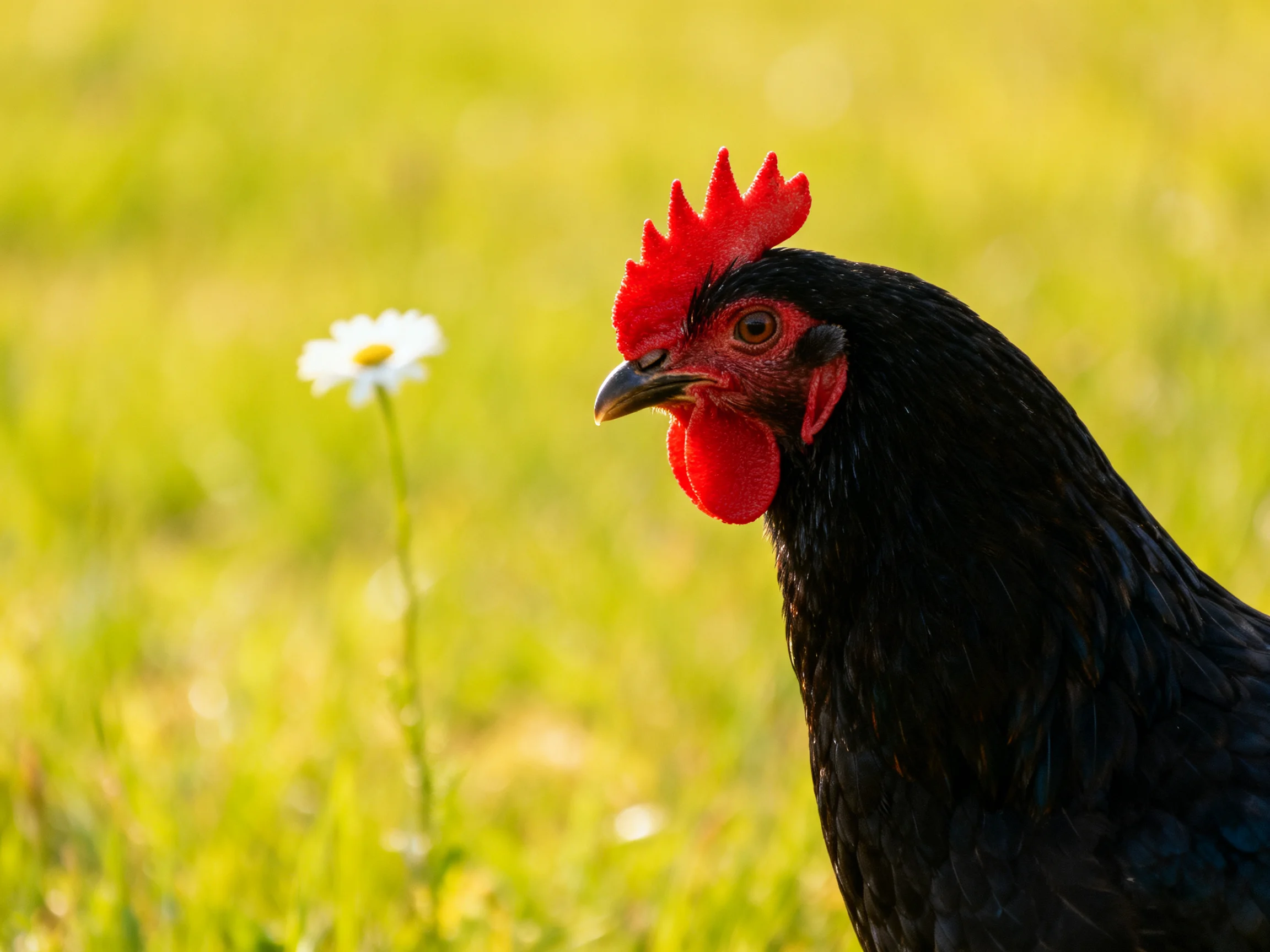 A black rooster with a red comb stands beside a white daisy in a sunny meadow.