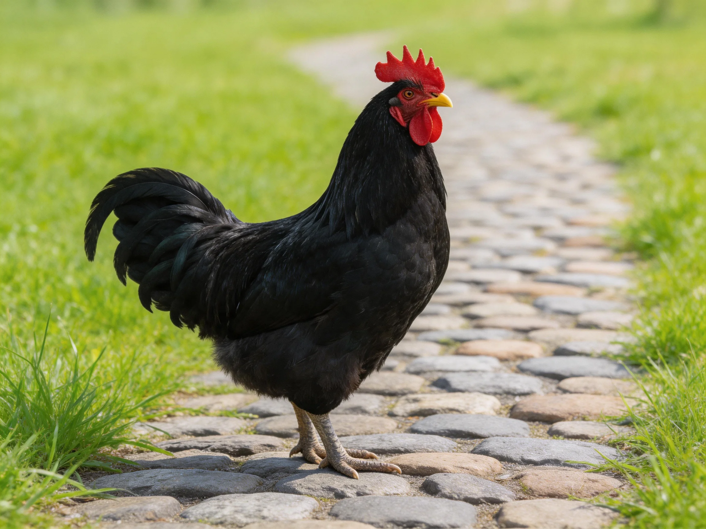A black rooster with a red comb stands on a cobblestone path in a grassy area.