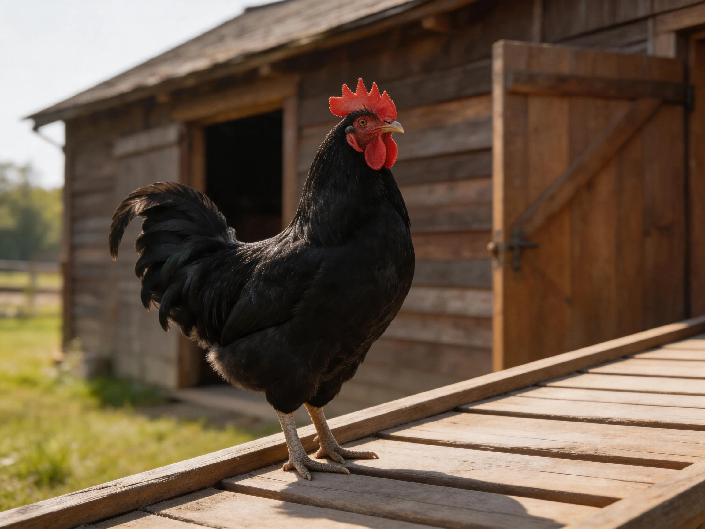 A black rooster with red comb stands on wood near rustic barn