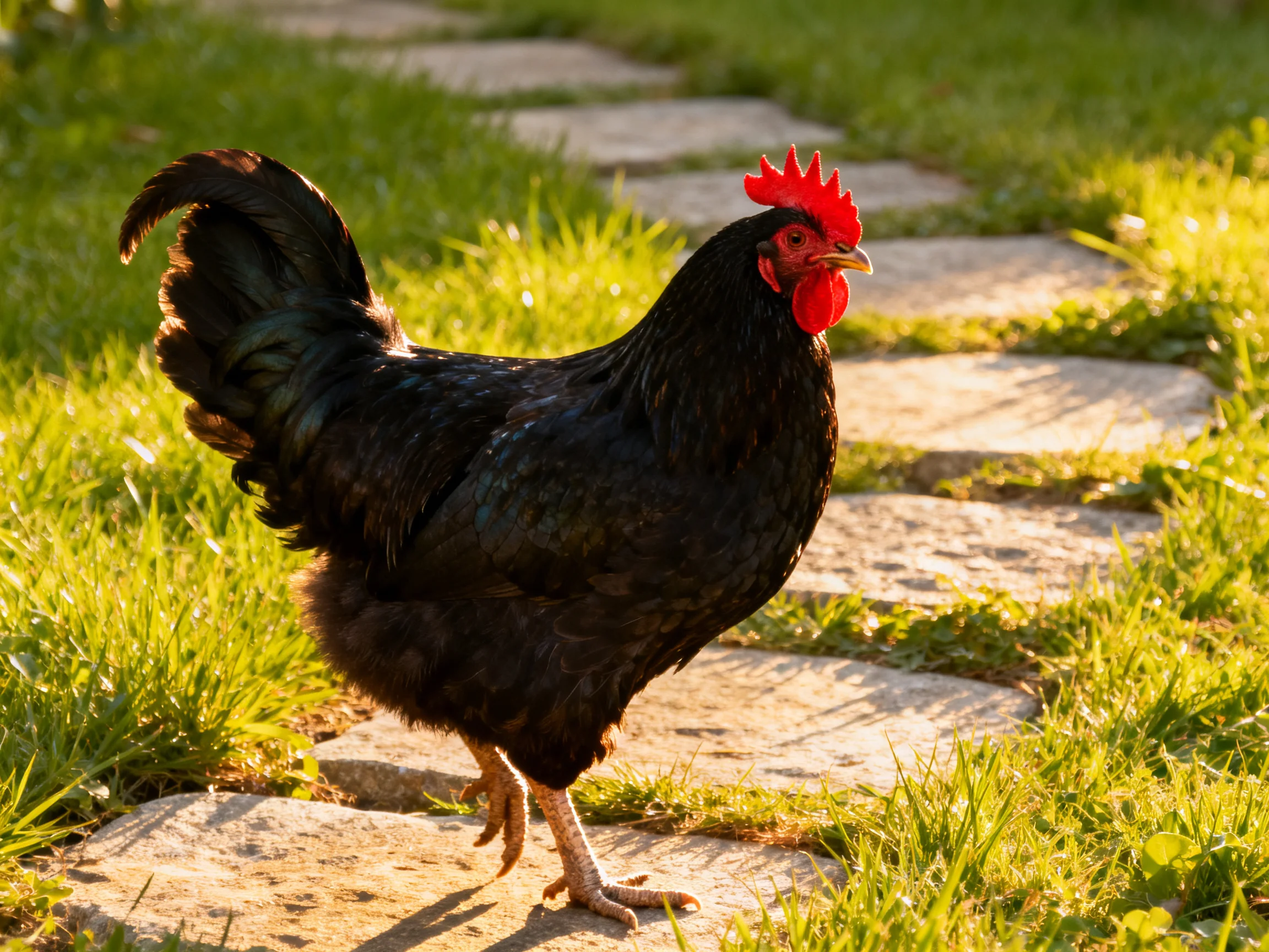 A black rooster with a red comb walks along a stone path bordered by green grass.