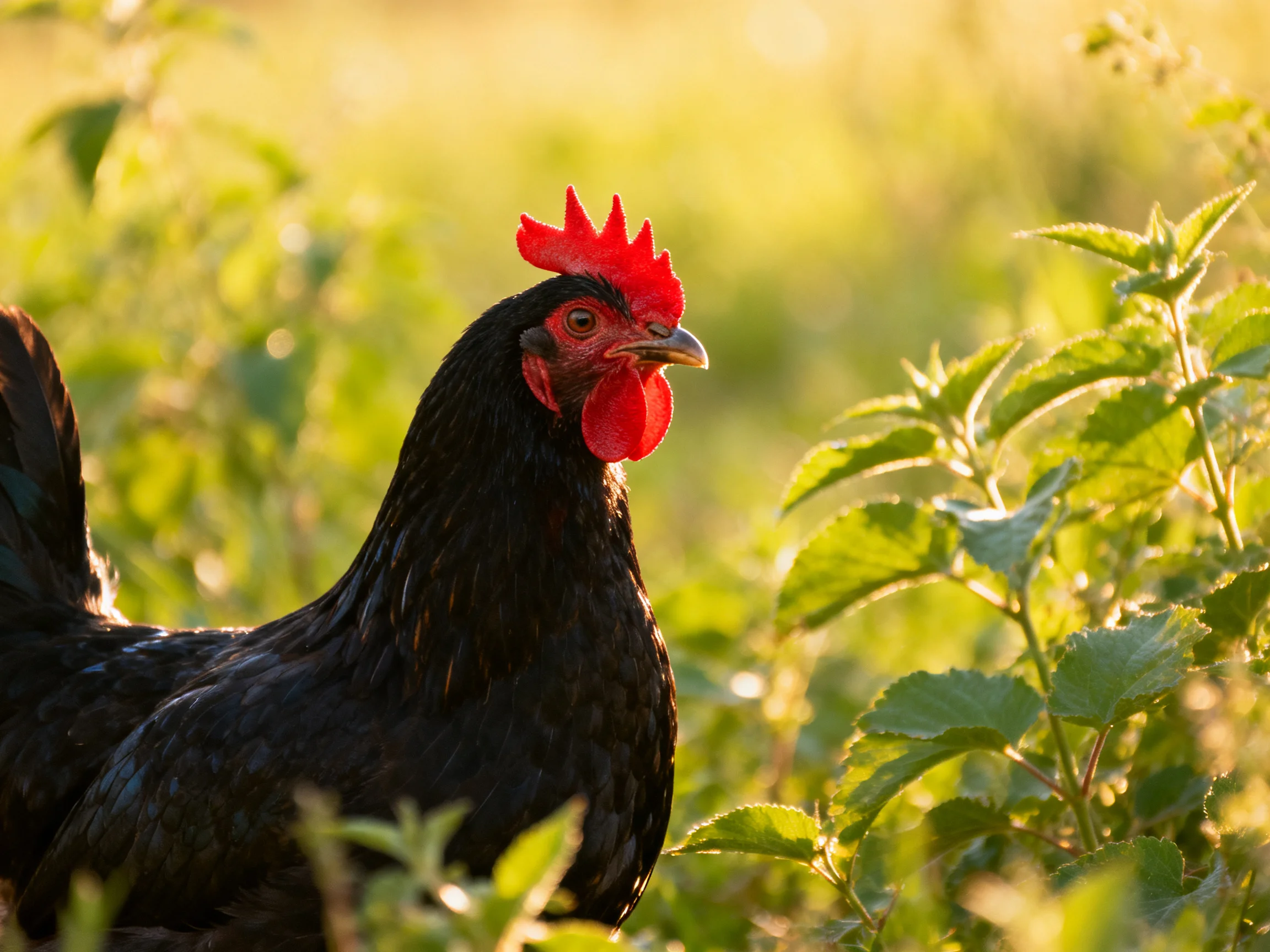 A black rooster with vibrant red comb amidst lush green foliage
