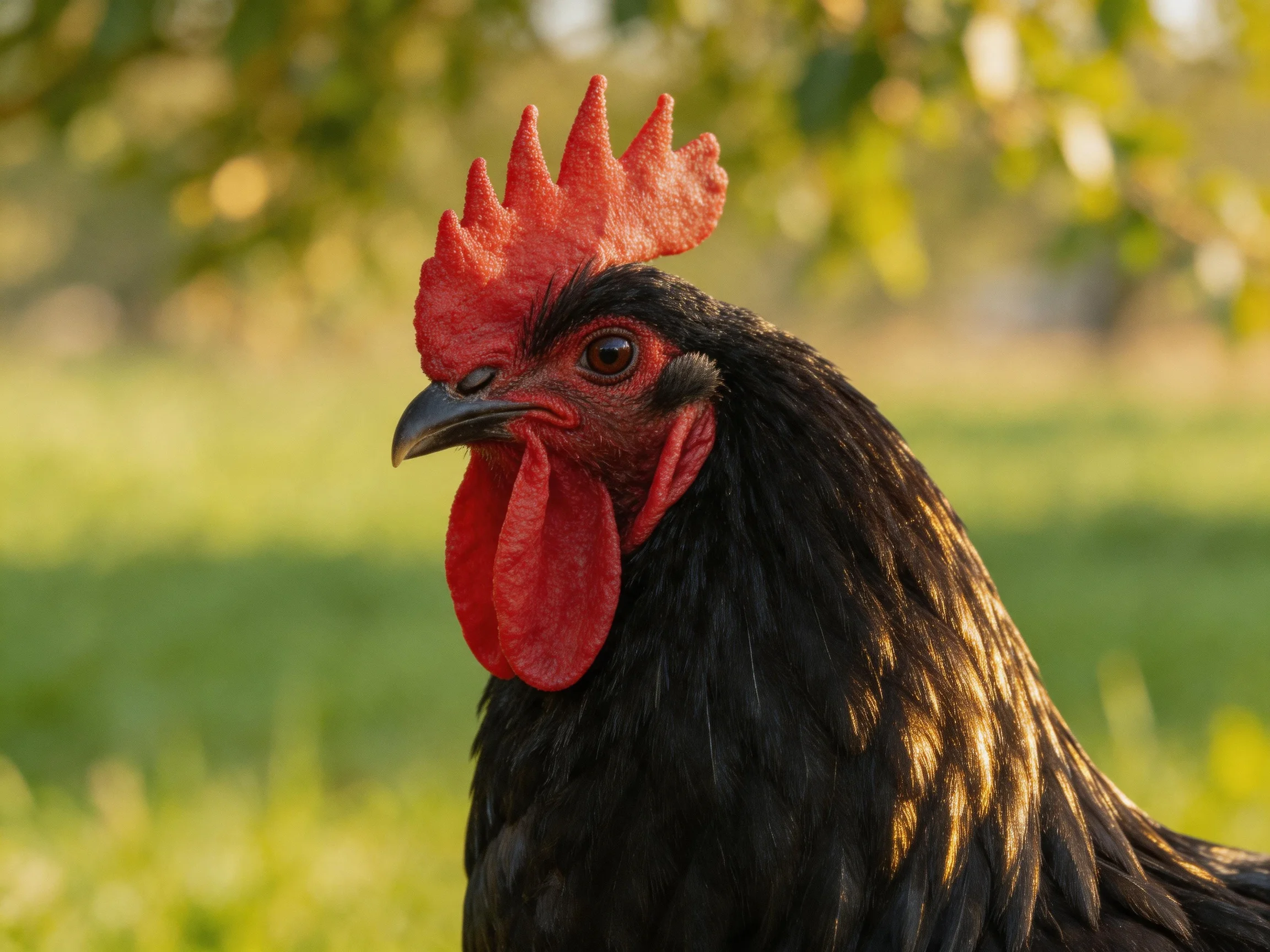 A black rooster with bright red facial features stands in a sunlit green outdoor area.