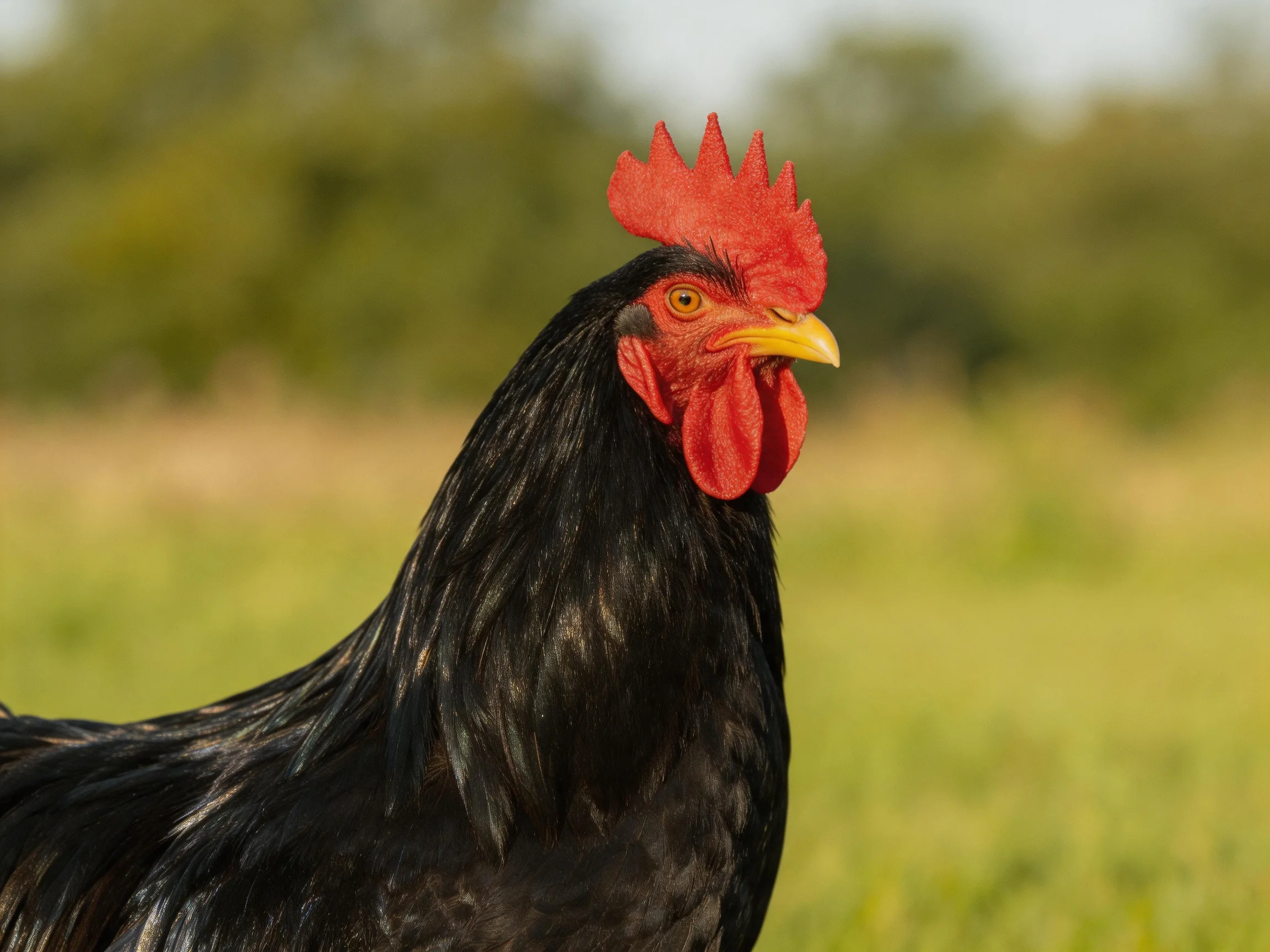 A black rooster with vibrant red comb and wattles in a sunlit field