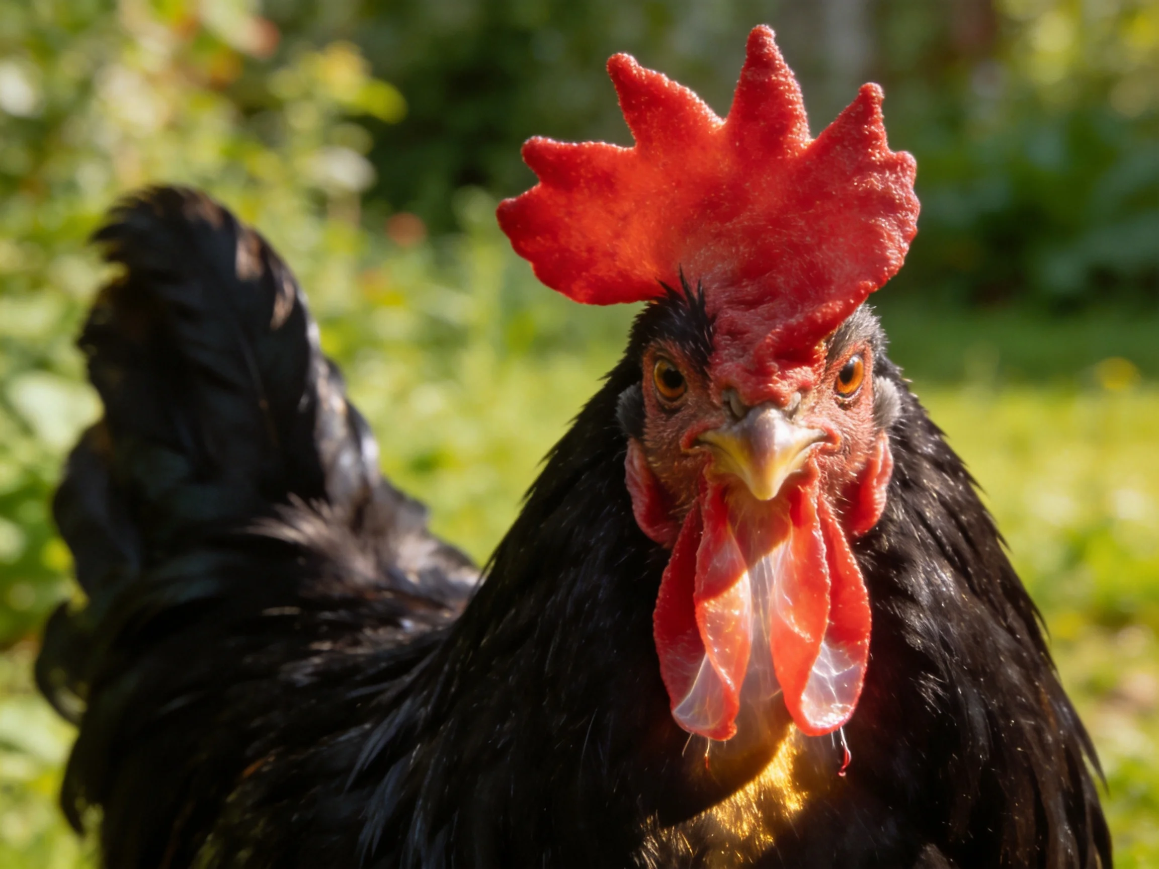 A black rooster with vibrant red comb and wattles in a sunny garden