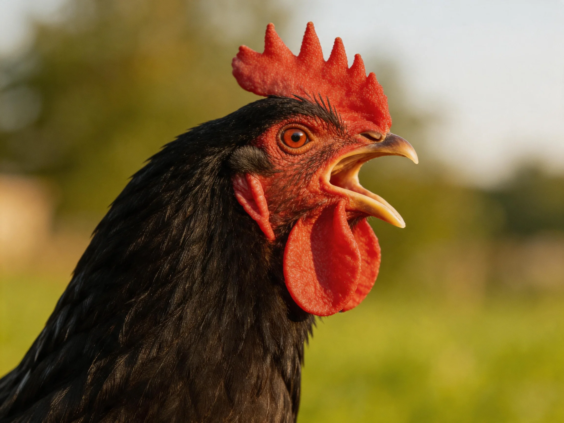 A black rooster with vibrant red comb and wattles in an outdoor setting