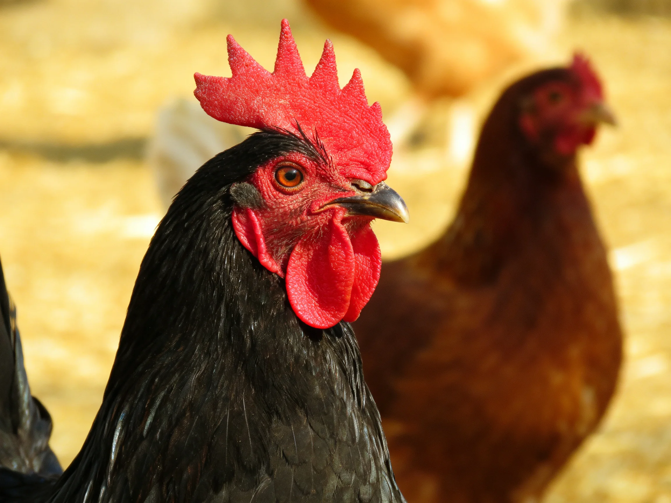 A black rooster with a red comb stands near a brown hen in a sunlit area.