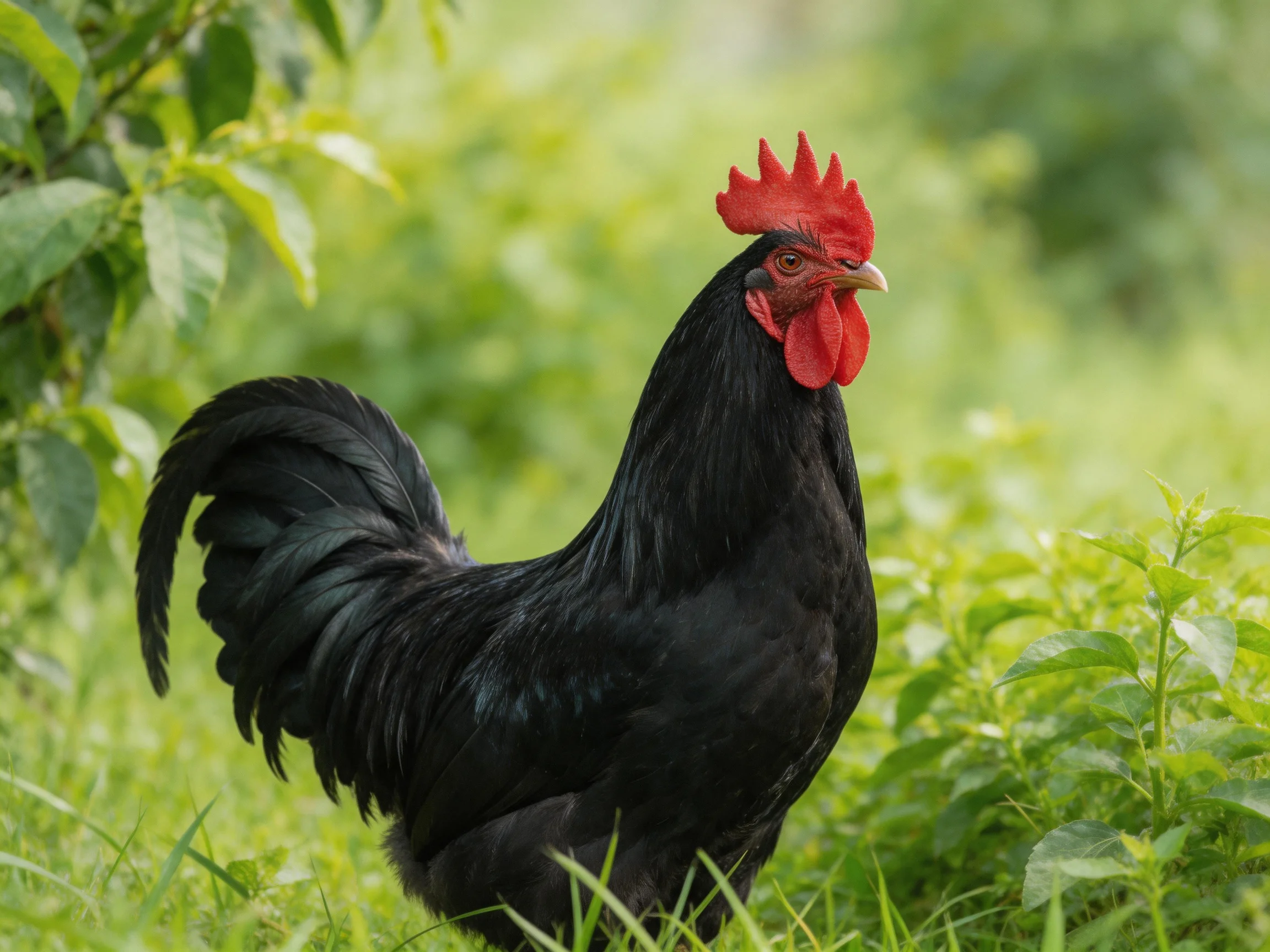 A black rooster with vibrant red comb in lush greenery