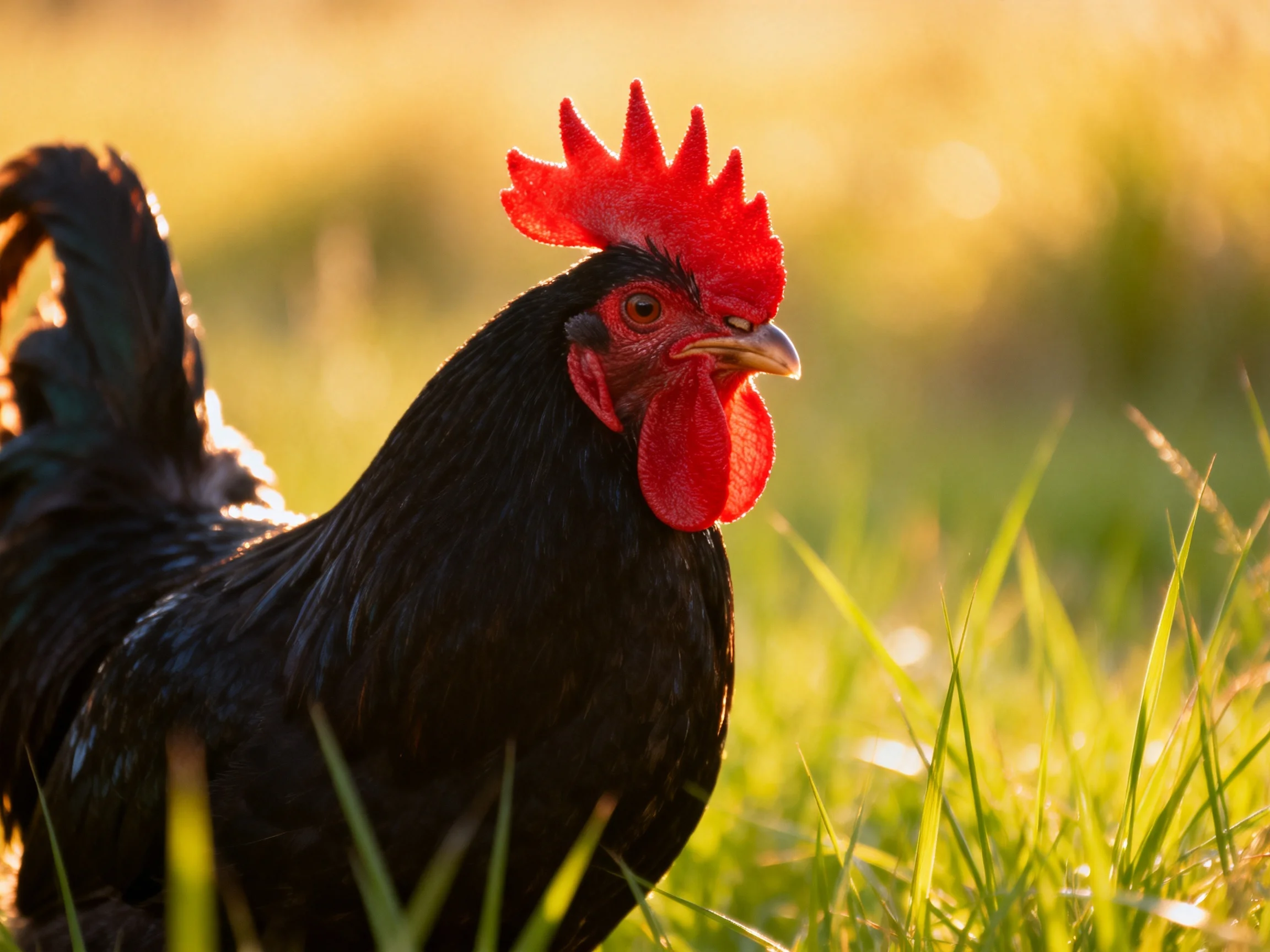 A black rooster with a red comb stands amidst sunlit green grass.