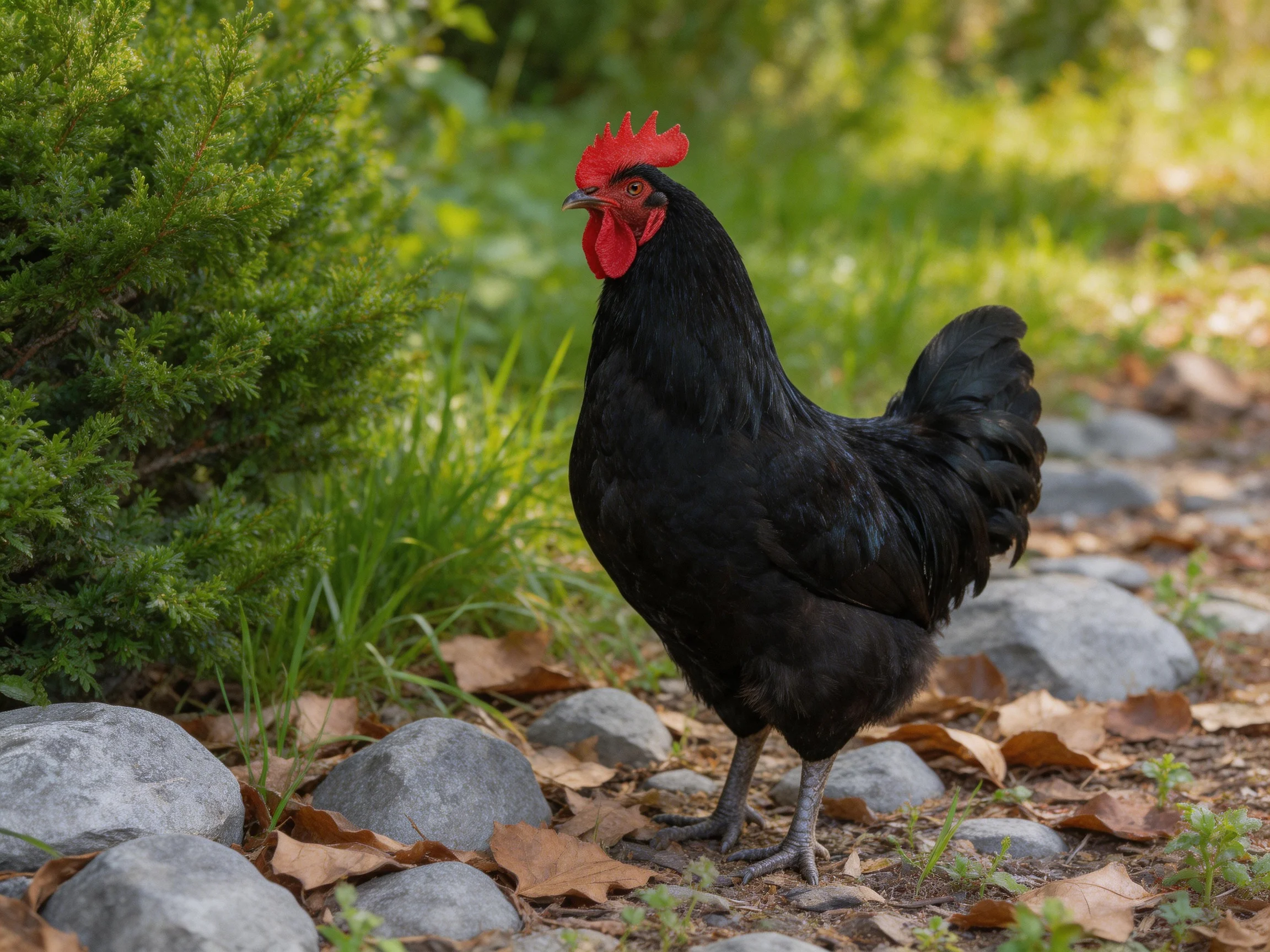A black rooster stands amid greenery, rocks, and fallen leaves in a sunlit outdoor space.