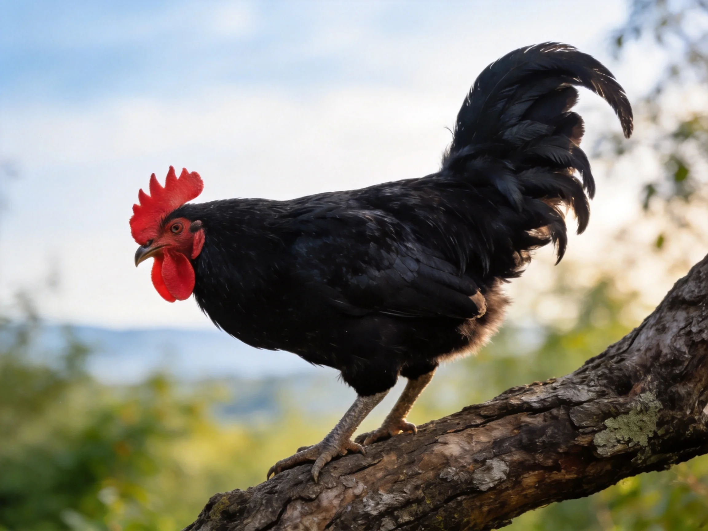 A black rooster with vibrant red comb perched on a gnarled tree branch