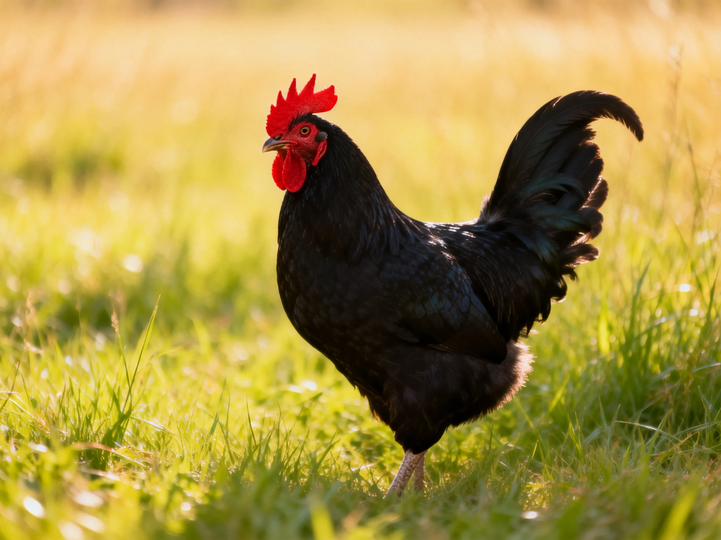 A black rooster with vibrant red comb standing in sunlit green grass