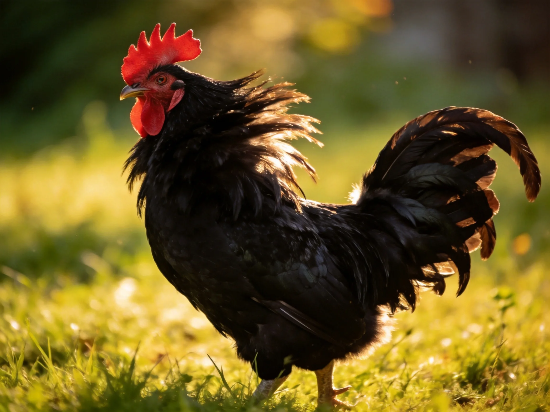 A black rooster with vibrant red comb standing on sunlit green grass
