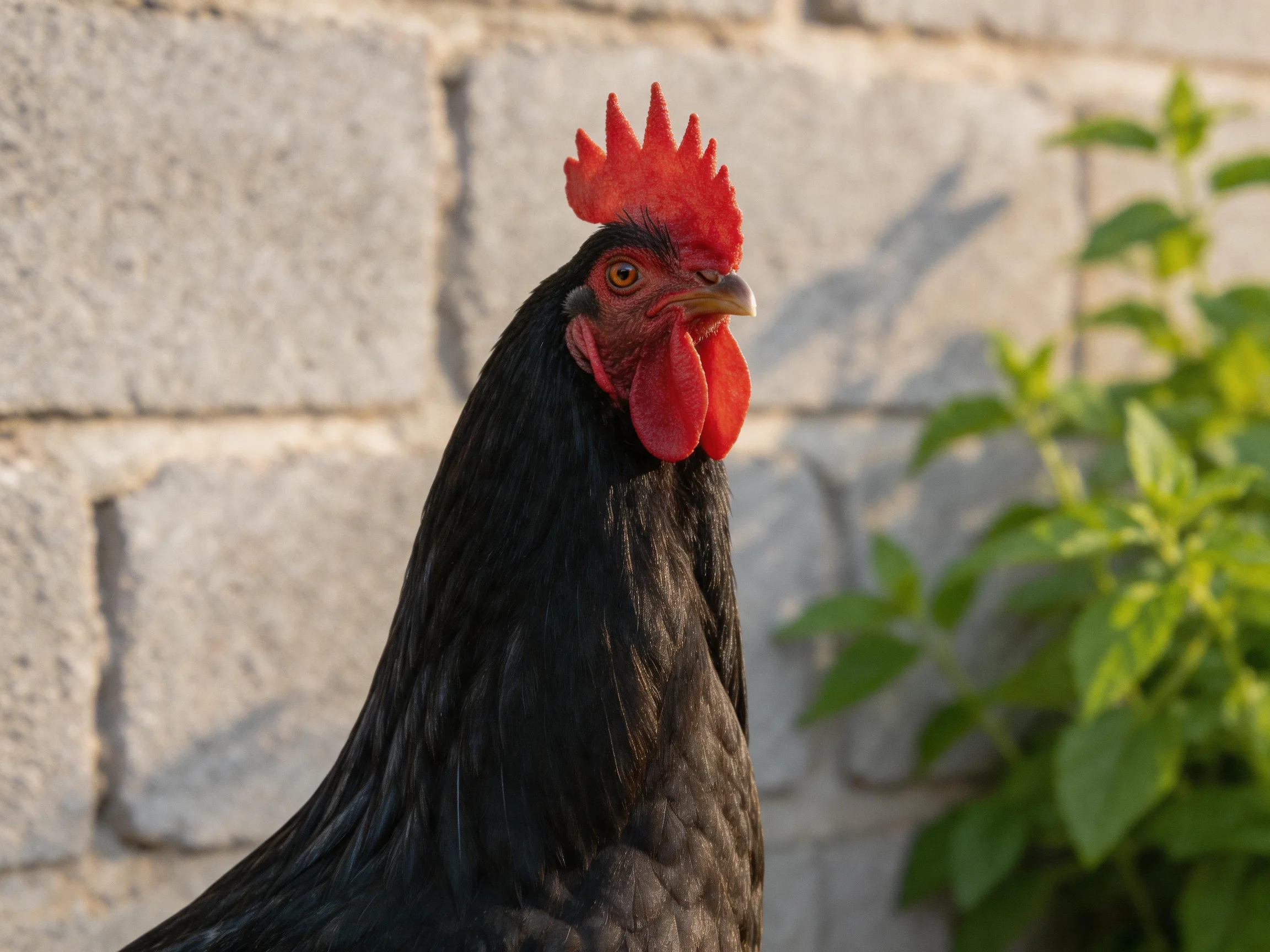 A black rooster with striking red features stands near a stone wall and greenery.