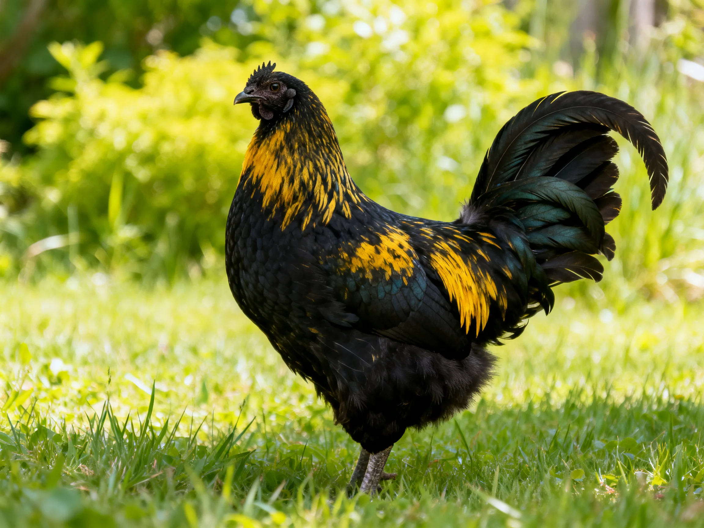 A black rooster with vibrant yellow markings stands on lush grass