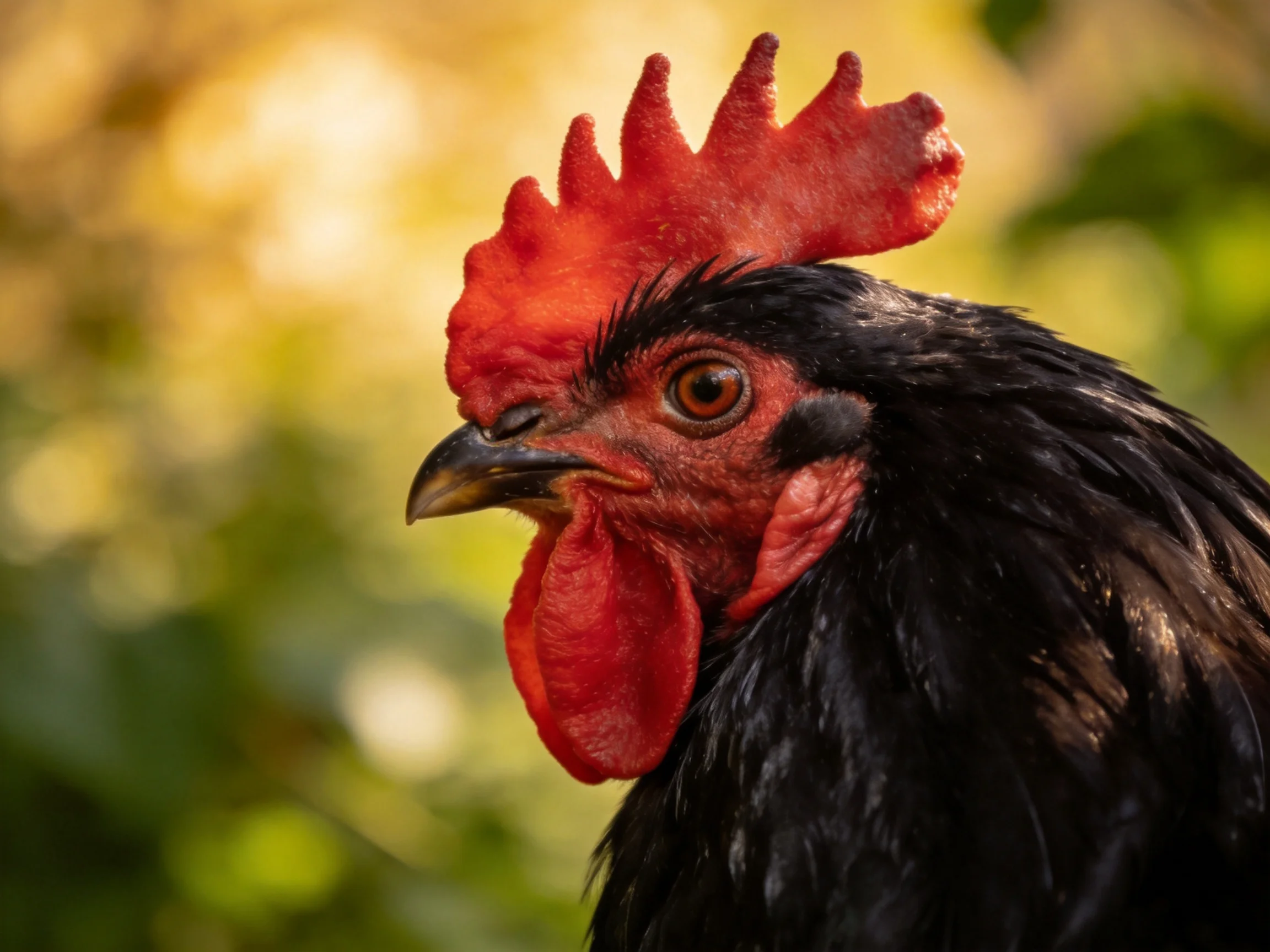 A black rooster with vibrantred comb and wattles