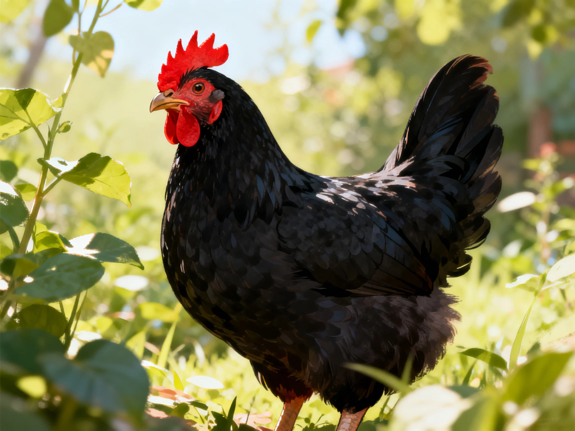 A black rooster stands among greenery in a sunlit outdoor area.