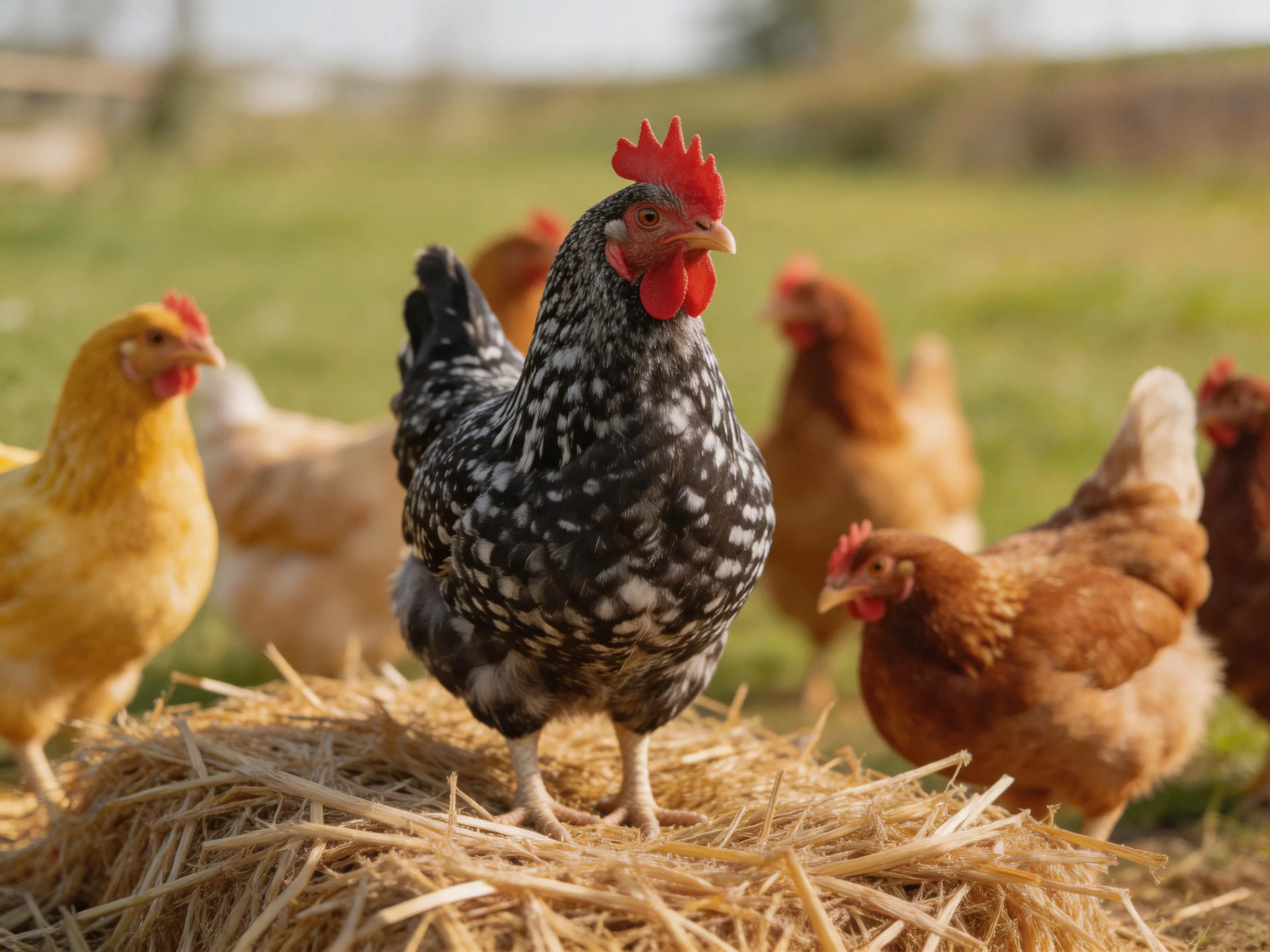 Chickens of various colors gather around a black-speckled chicken on hay in an open area