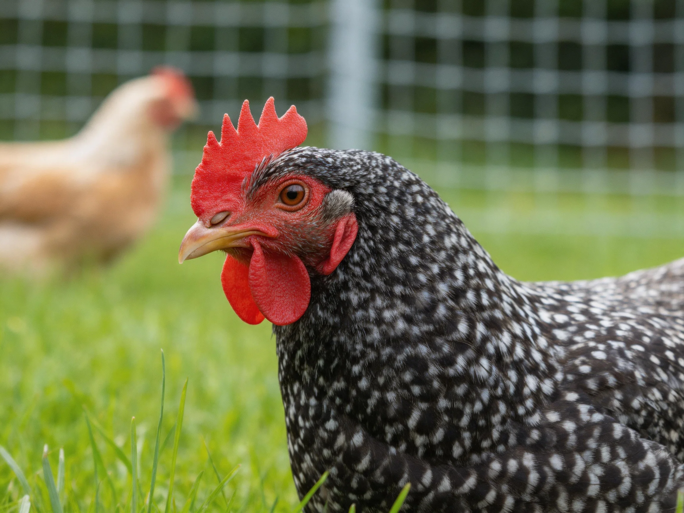 A black-speckled chicken with red comb on green grass
