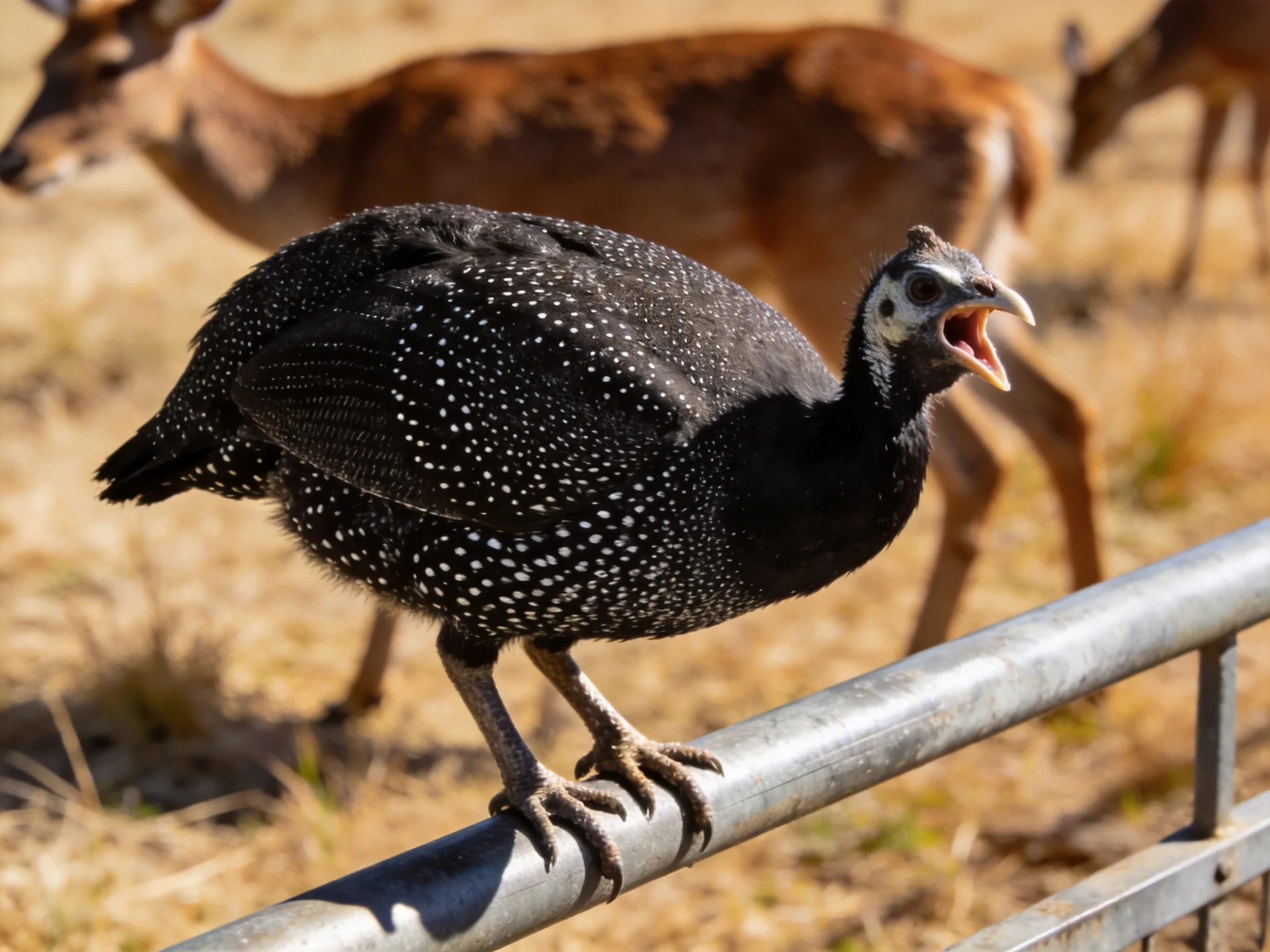 A black-speckled guineafowl perched on a metal railing near deer