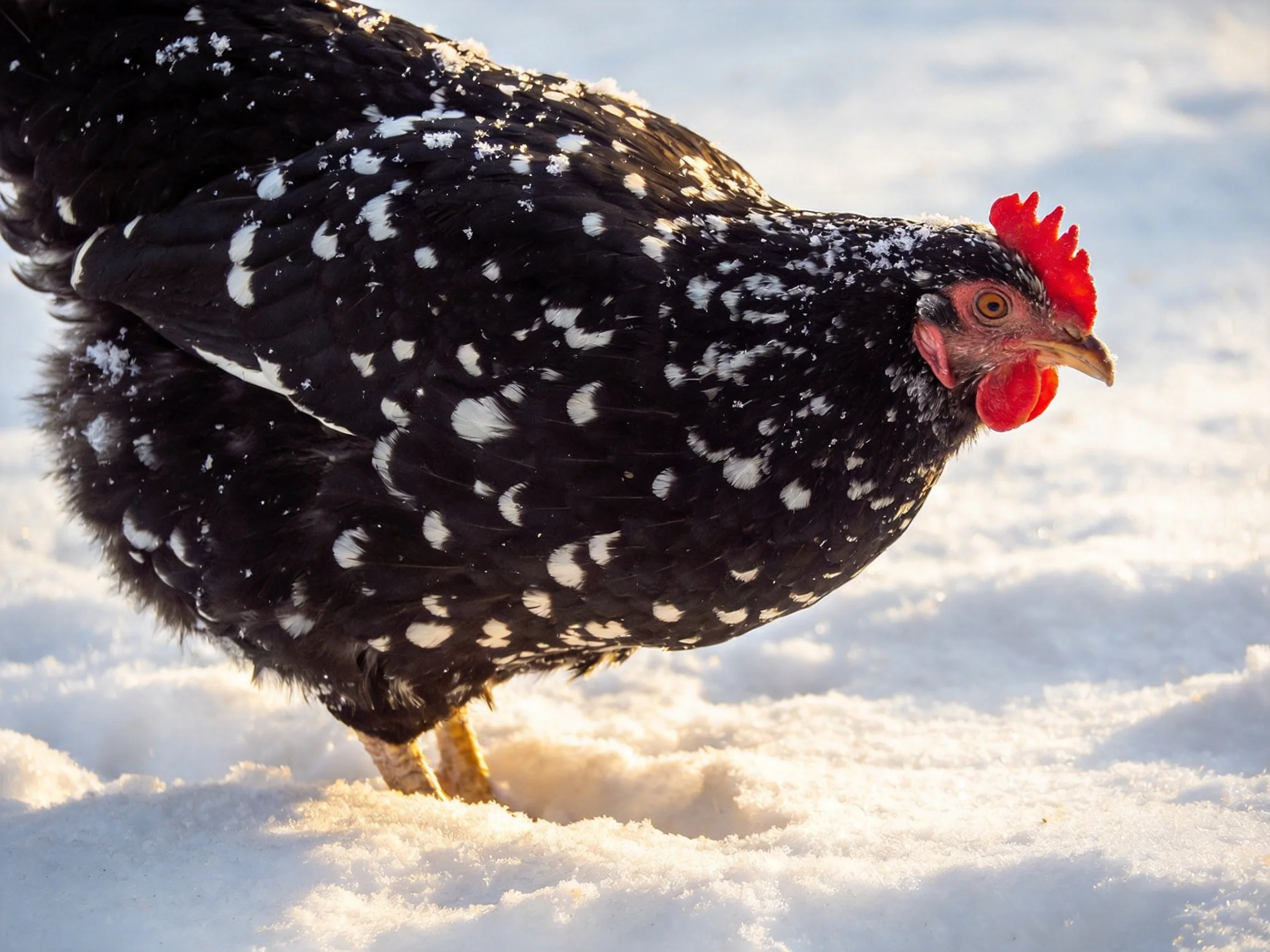 A black speckled hen with red comb walking in snow