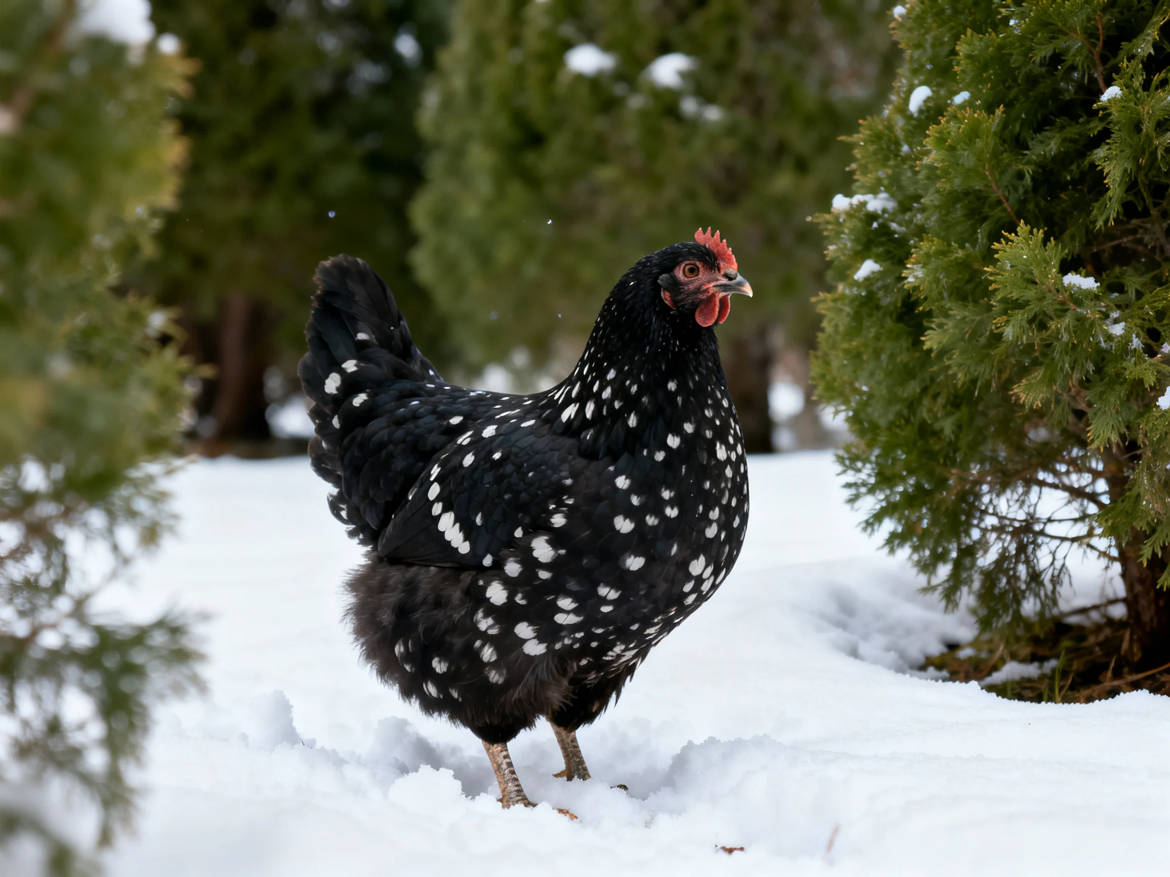 A black-spotted chicken stands in a snowy landscape near evergreen trees
