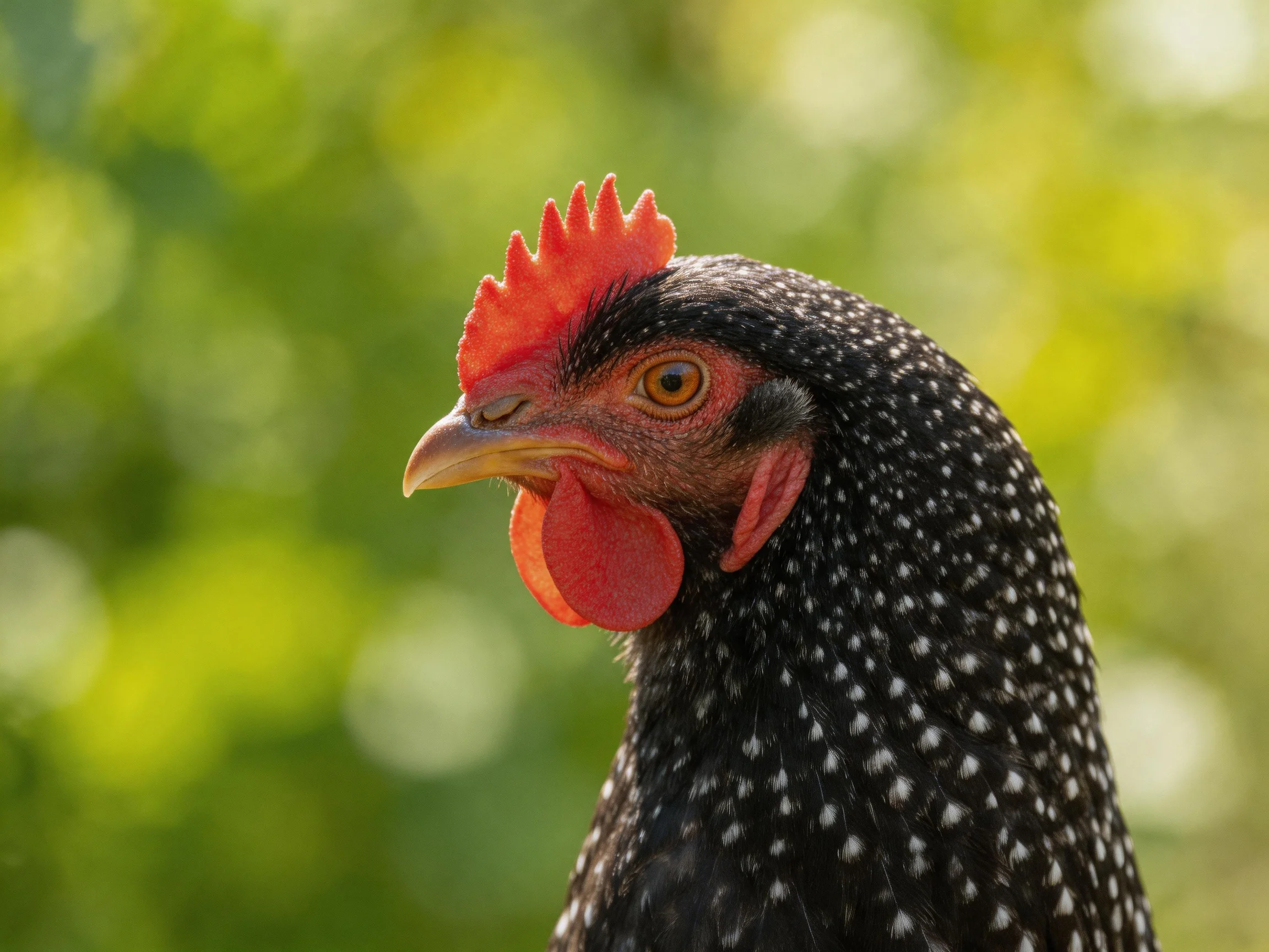 A black - spotted chicken with red comb and wattles against blurred green foliage