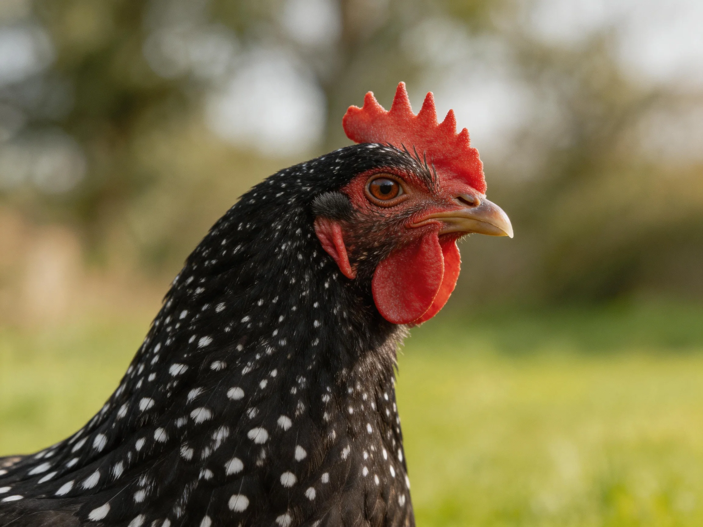 A black-spotted chicken with vibrant red comb and wattles