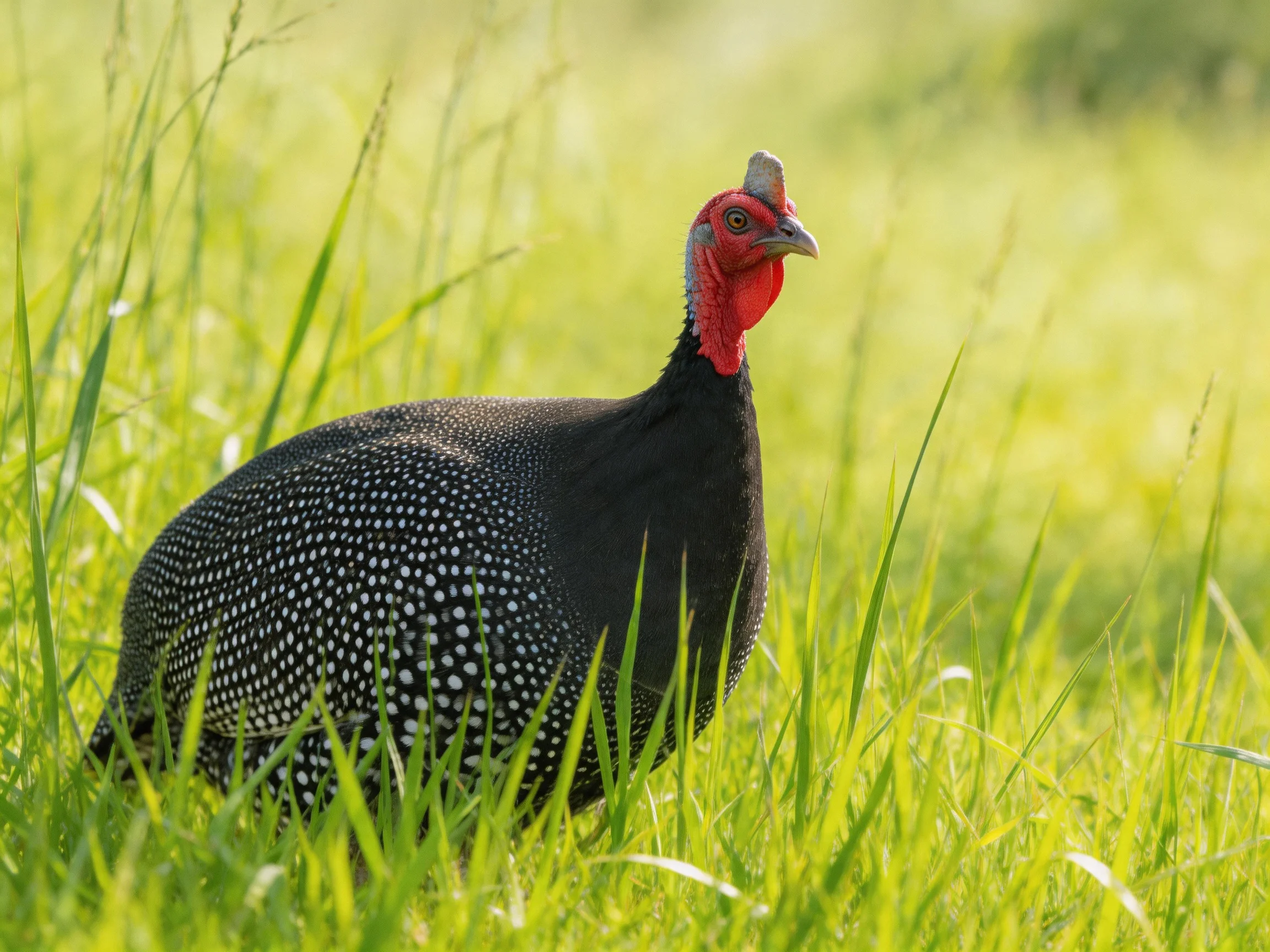 A black-spotted guineafowl with a red head is among tall green grass.