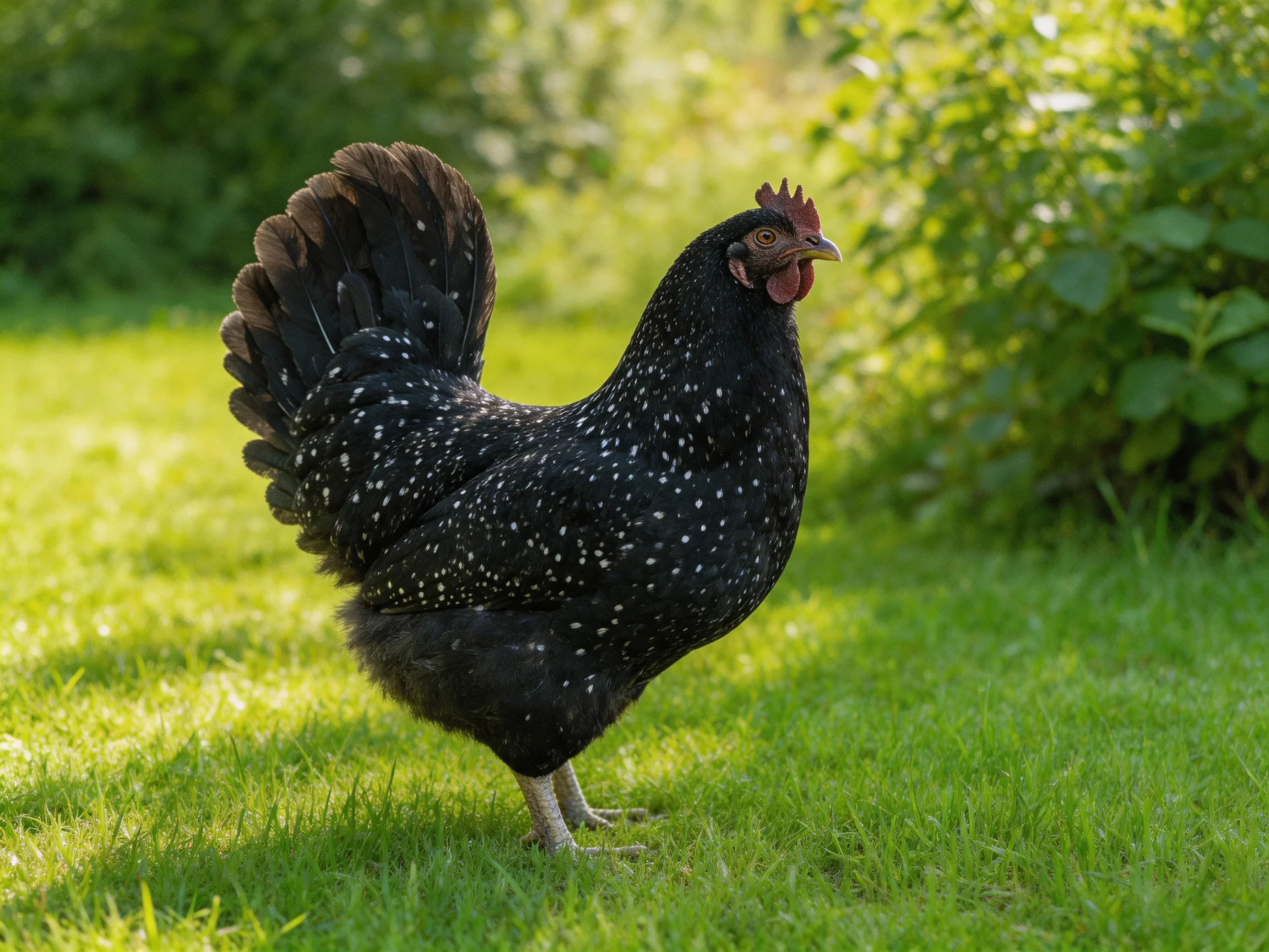 A black-spotted hen stands on vibrant green grass amid sunlit foliage
