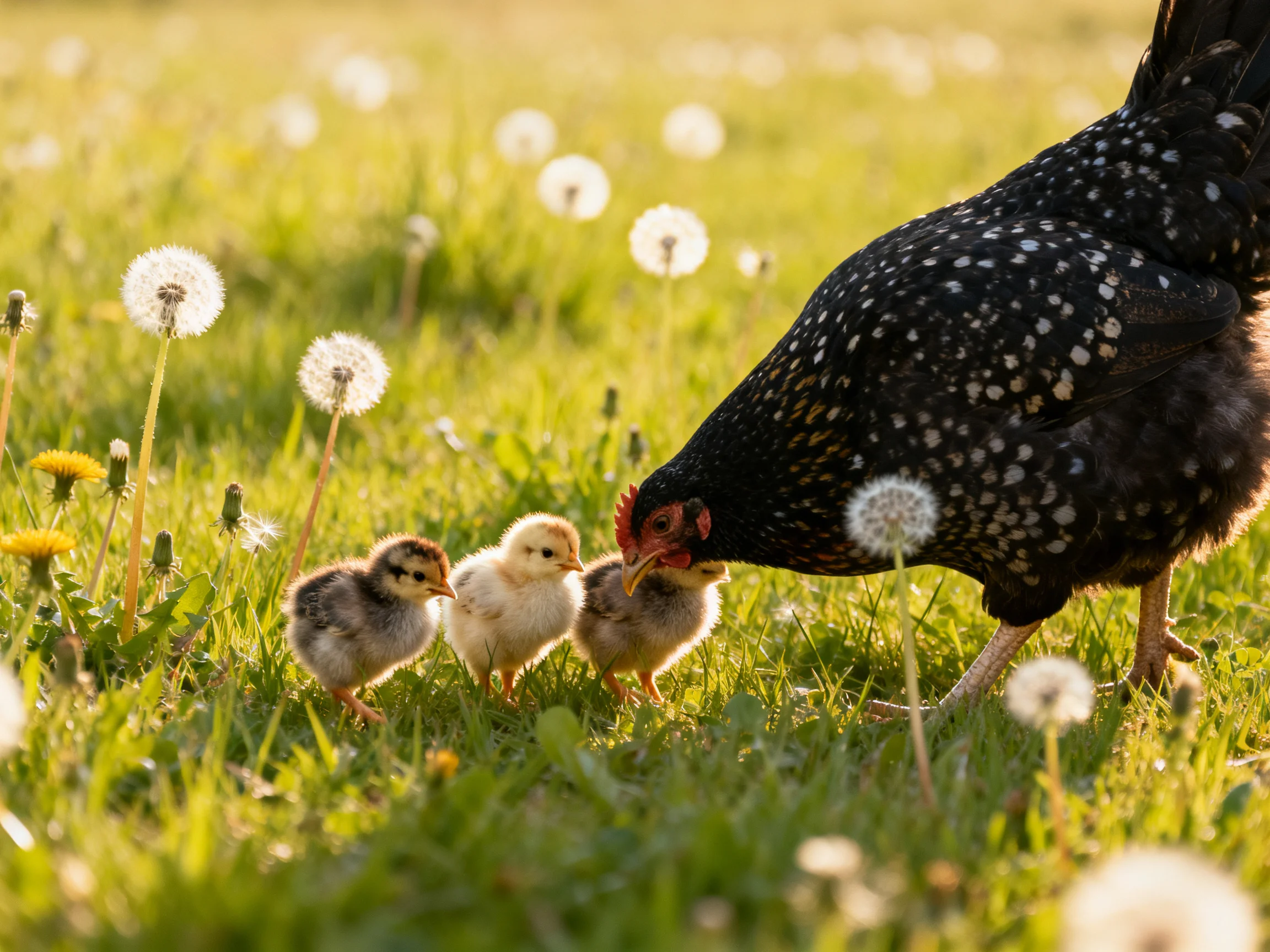 A black spotted hen with three chicks in a dandelion-filled meadow
