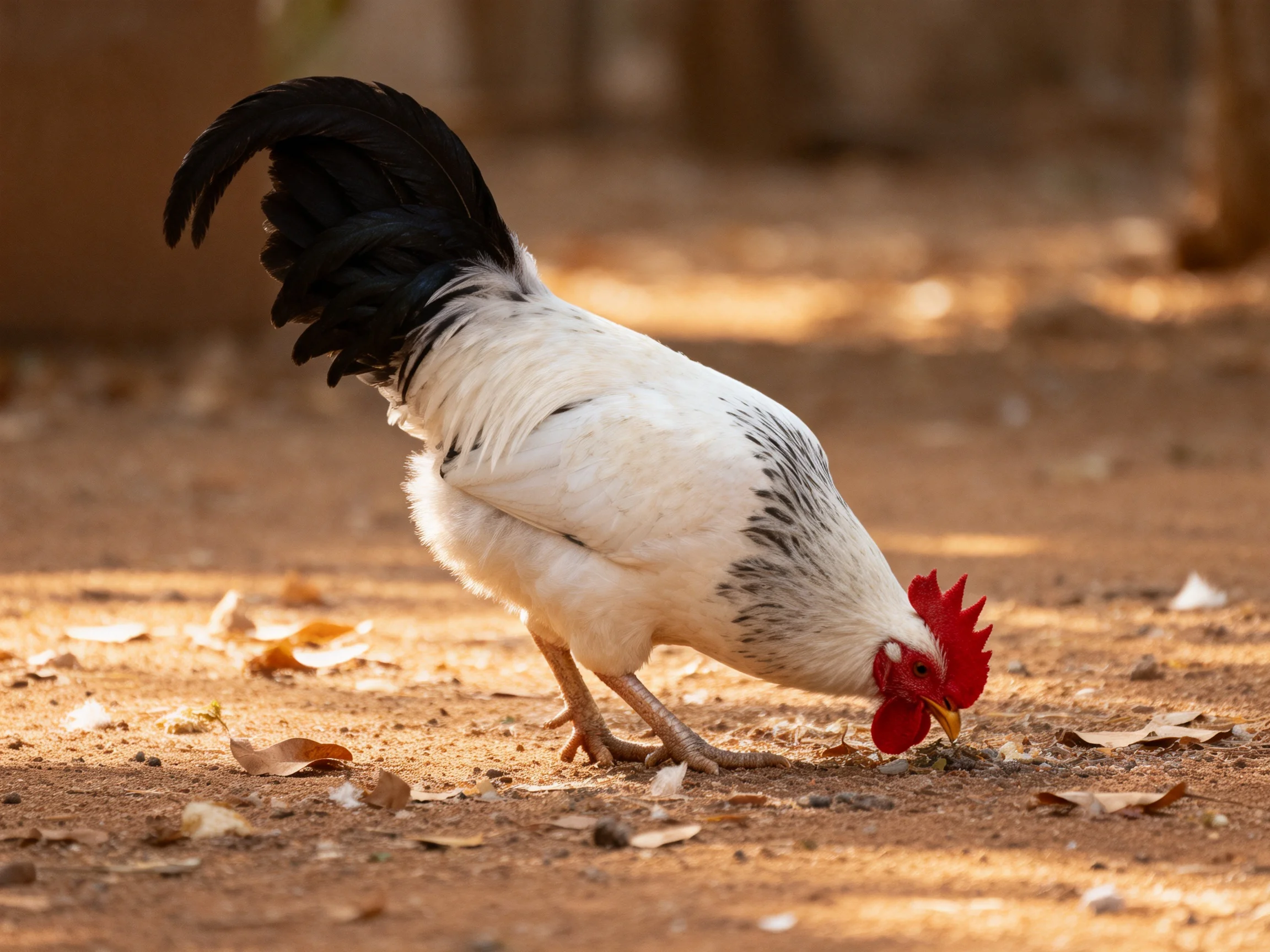 A black-tailed white rooster forages on dusty ground with scattered leaves