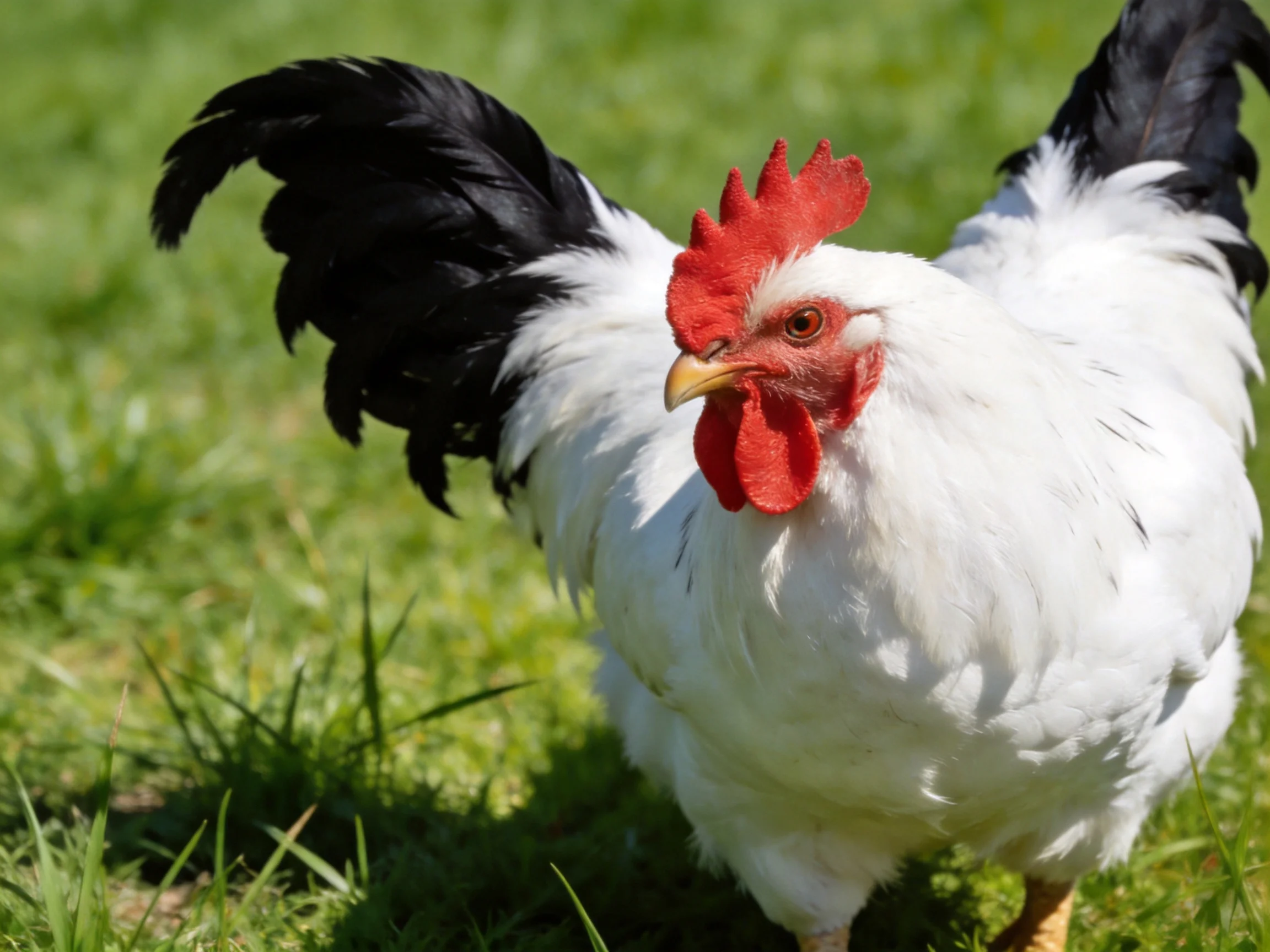 A black-tailed white rooster with red comb stands on green grass