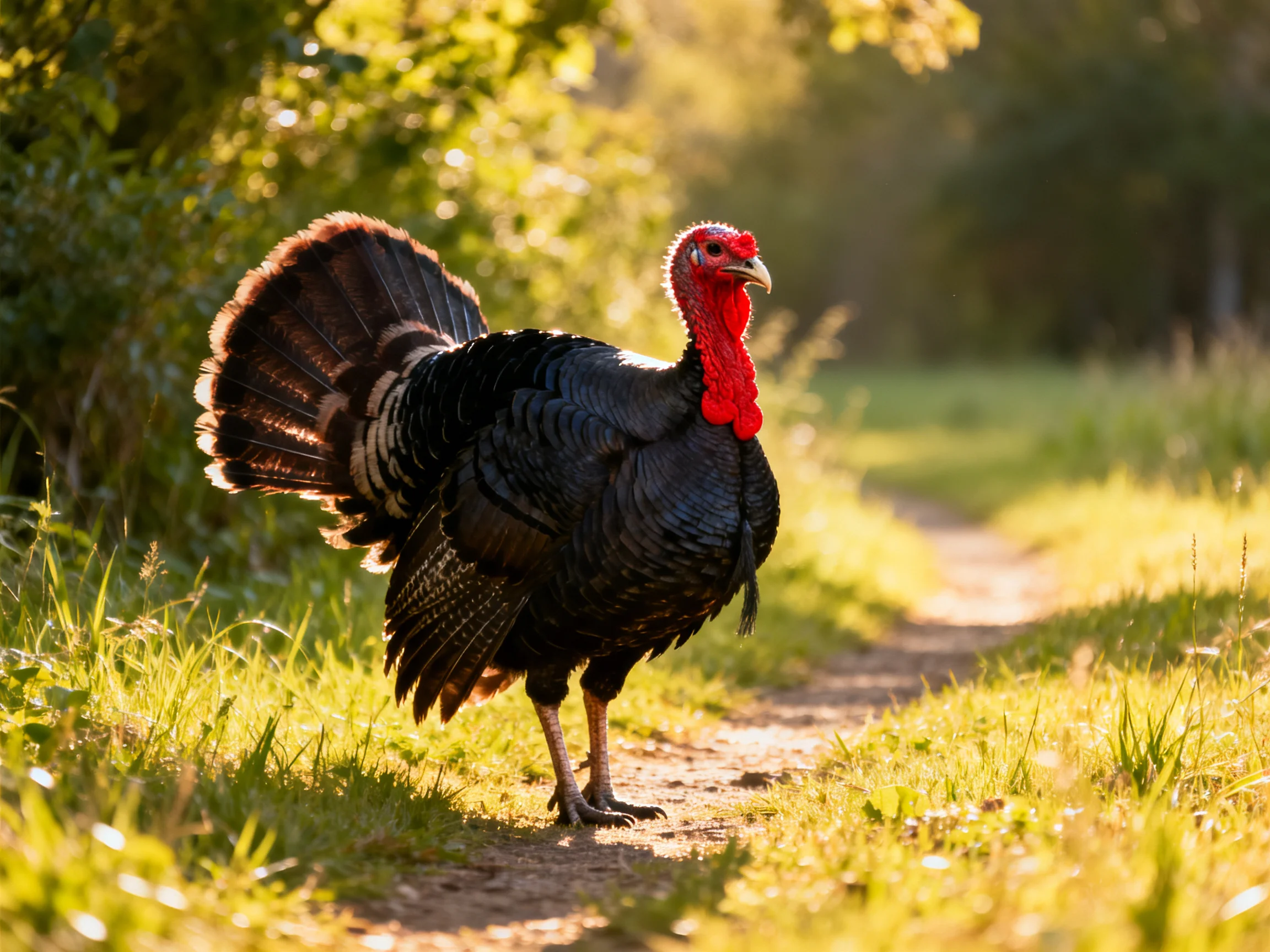 A black turkey with a vibrant red head stands on a sunlit forest path