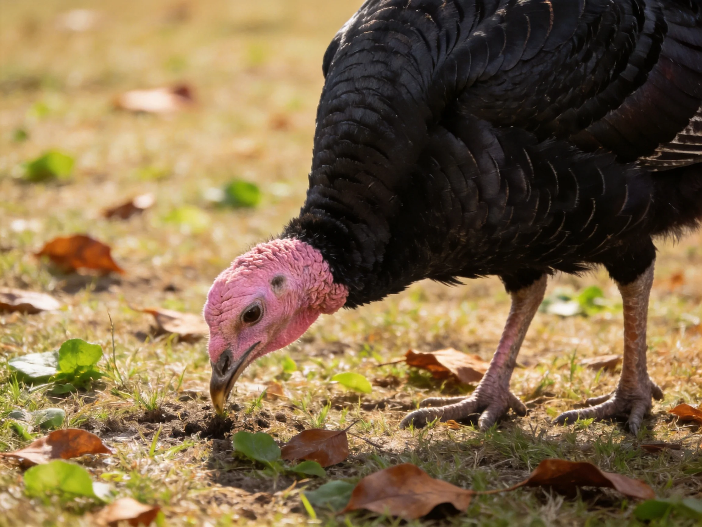 A black turkey with pink head foraging among dry grass and autumn leaves