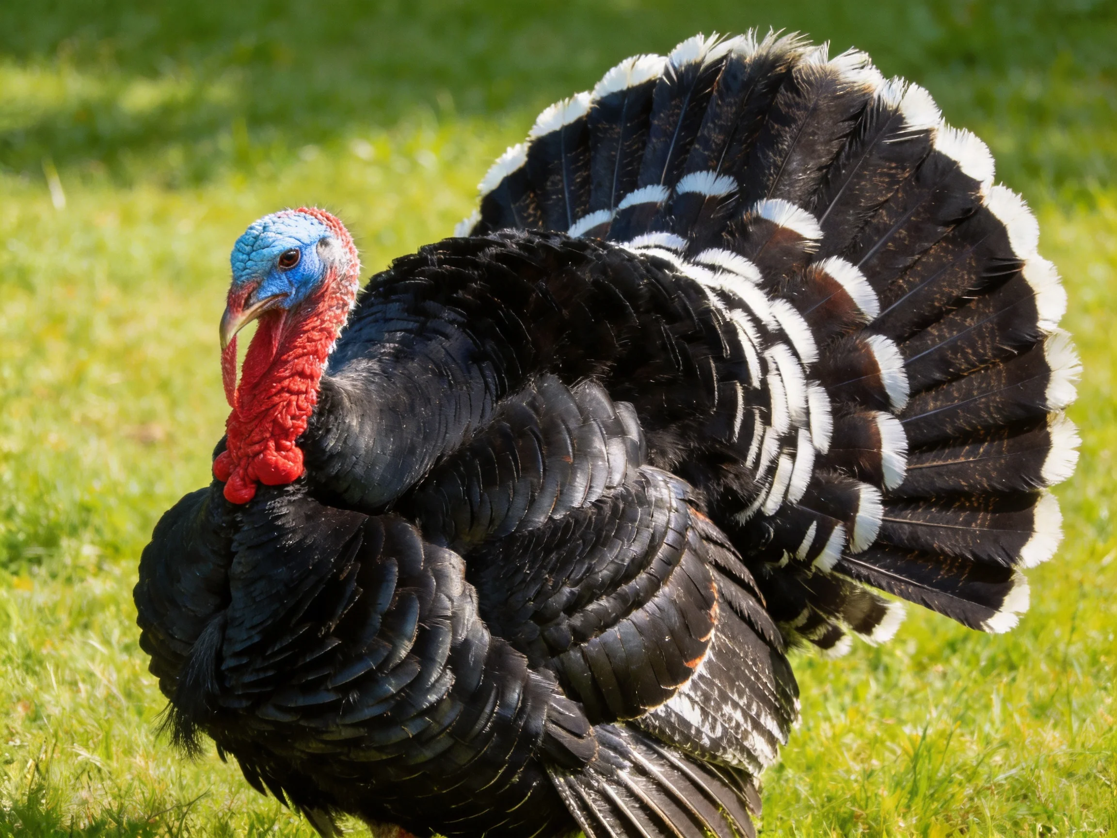A black turkey with white-striped tail feathers on green grass