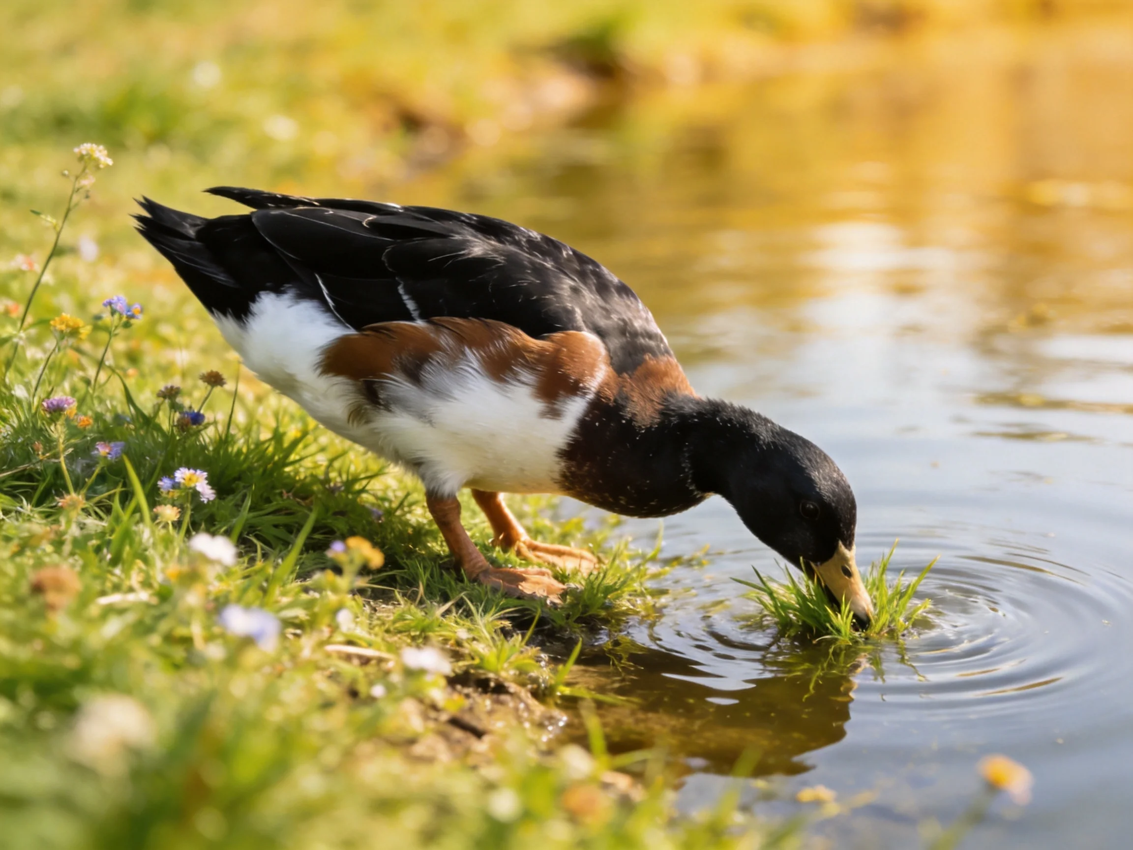 A black, white, and brown duck drinks from a pond edge with grass and flowers