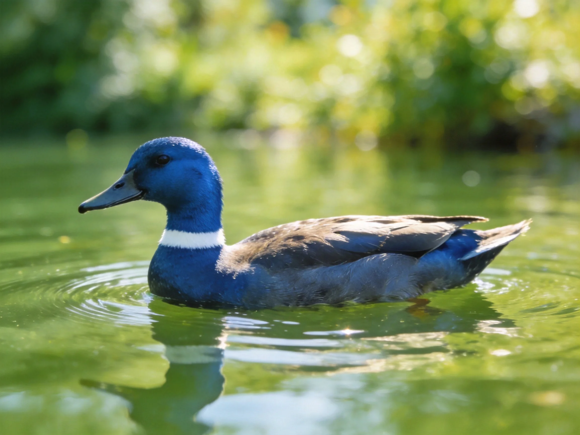 A blue-headed duck with a white neck swims in green water