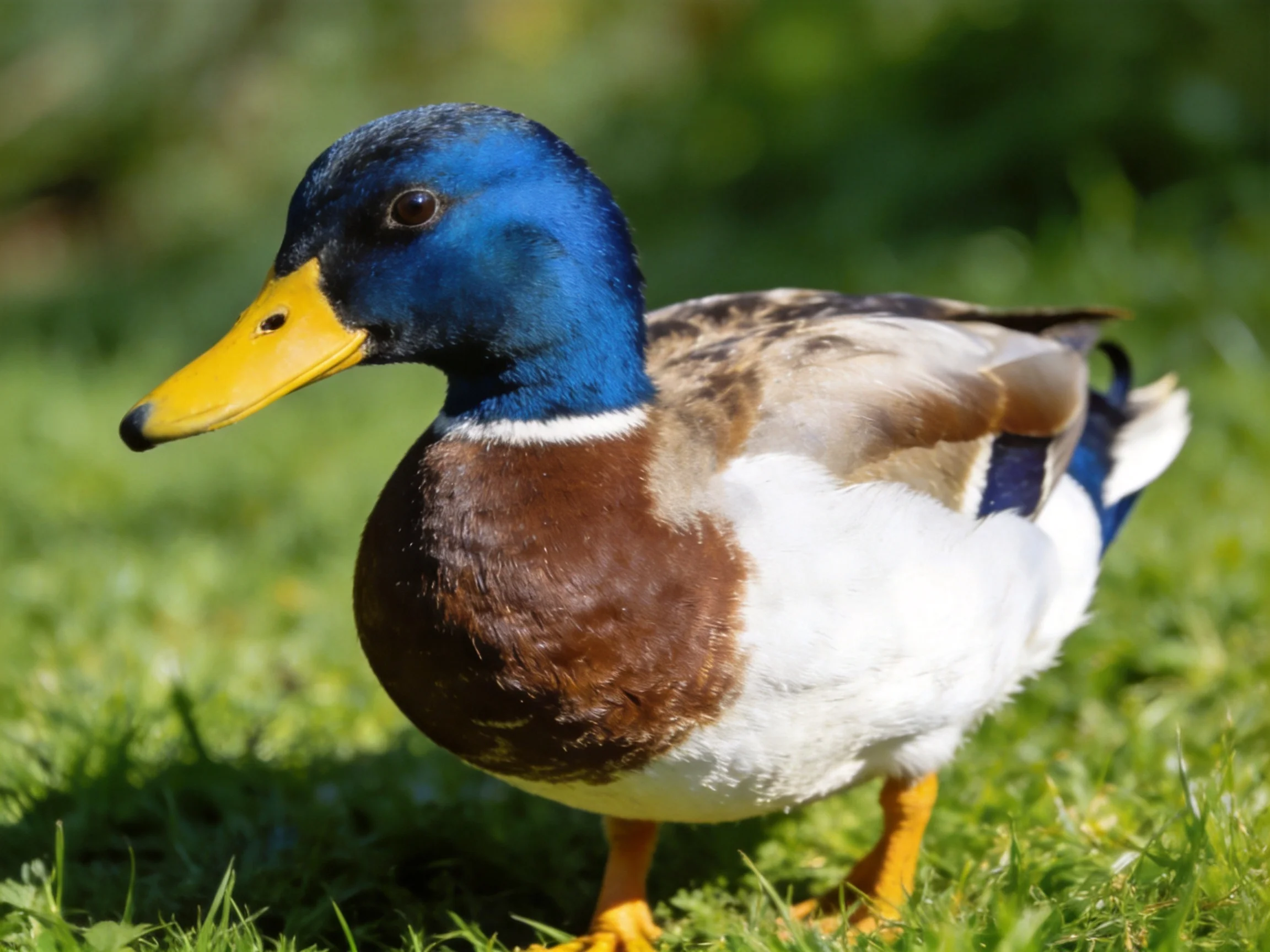 A blue-headed mallard duck with yellow beak, brown chest on green grass