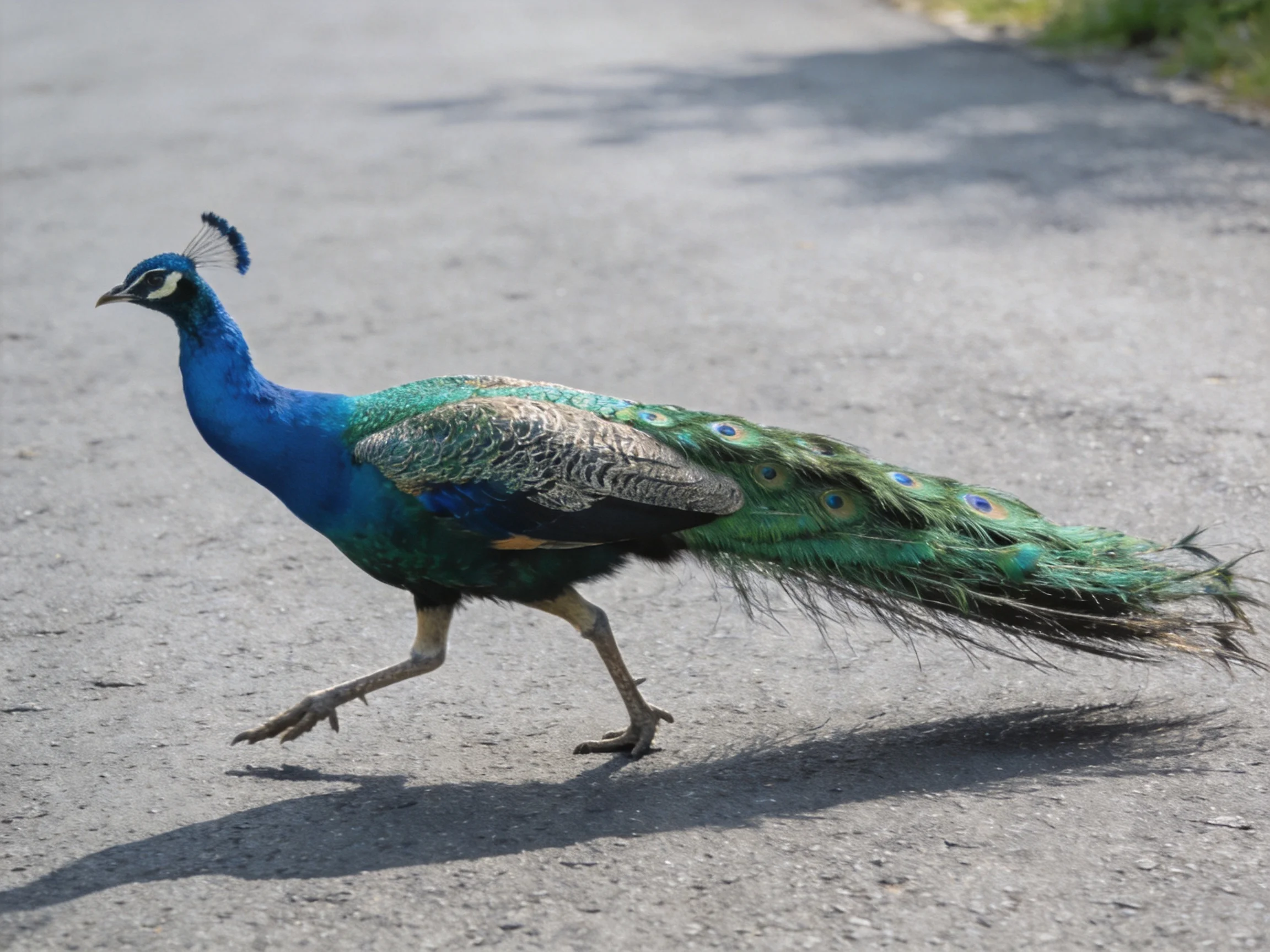 A blue-necked peacock with iridescent plumage crosses a smooth gray pavement
