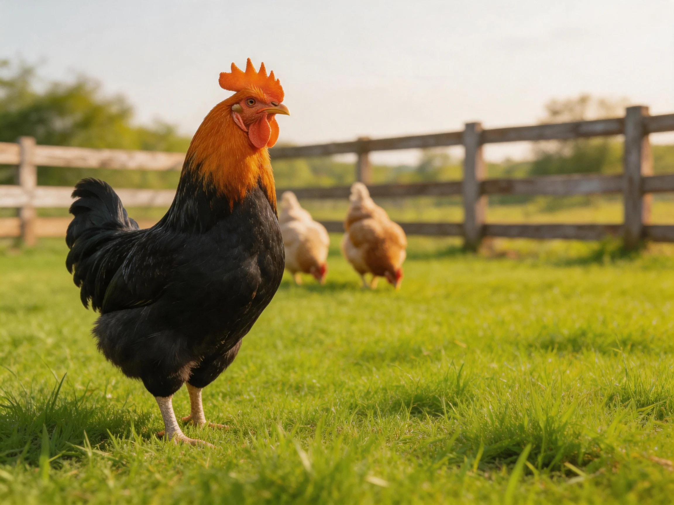 A bold black rooster with an orange crest stands near two beige chickens by a wooden fence