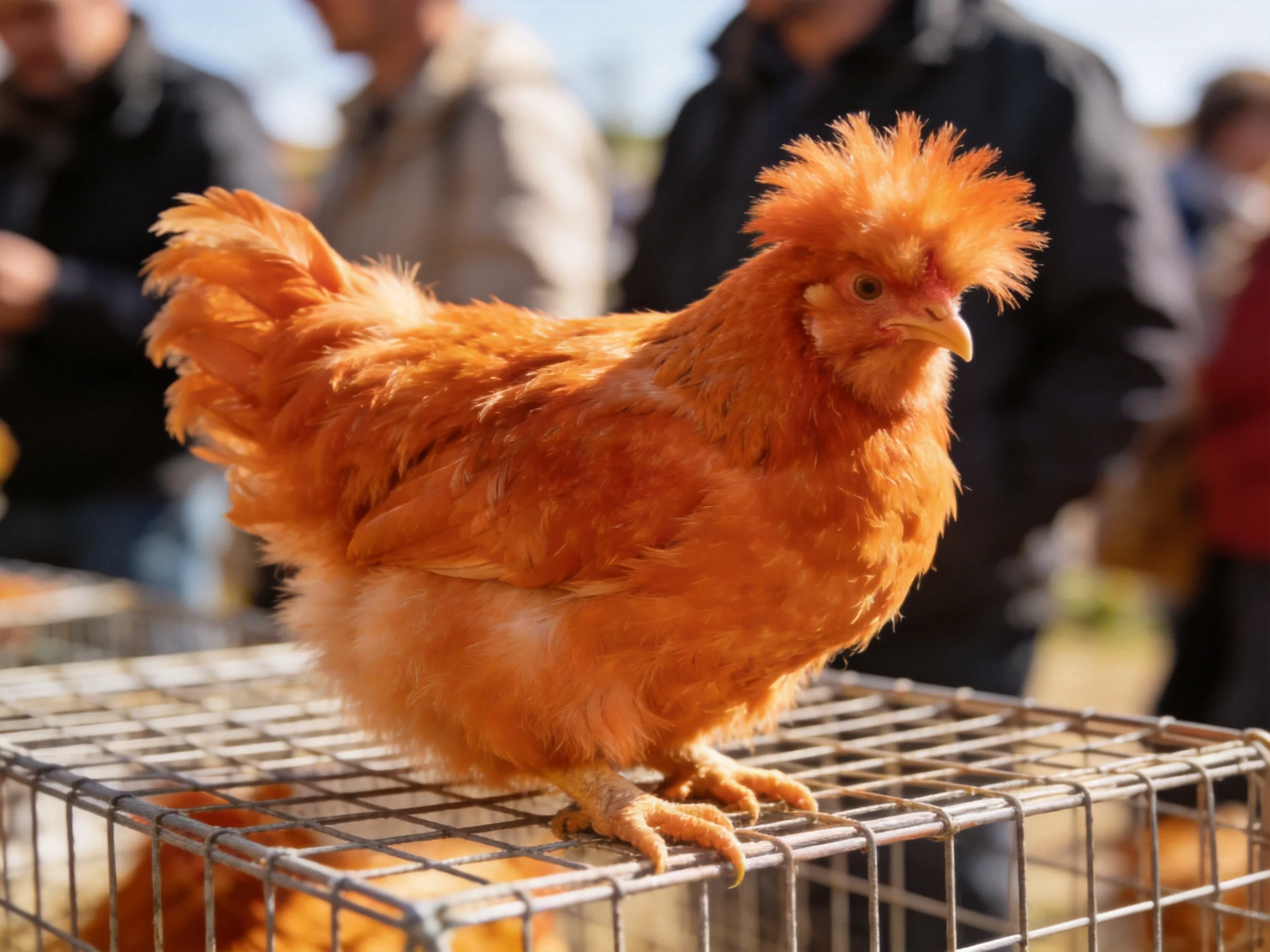 A bright orange chicken with spiky feathers on a metal cage